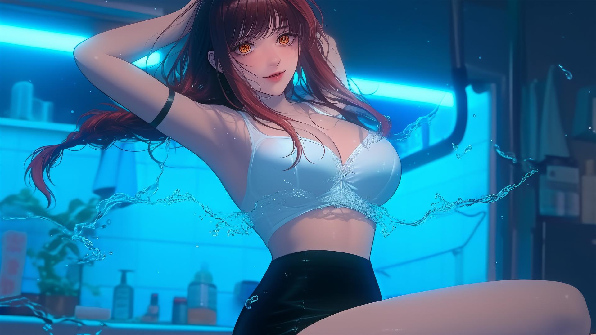 Makima from Chainsaw Man jumping out of a tub in her apartment, illuminated by moonlight