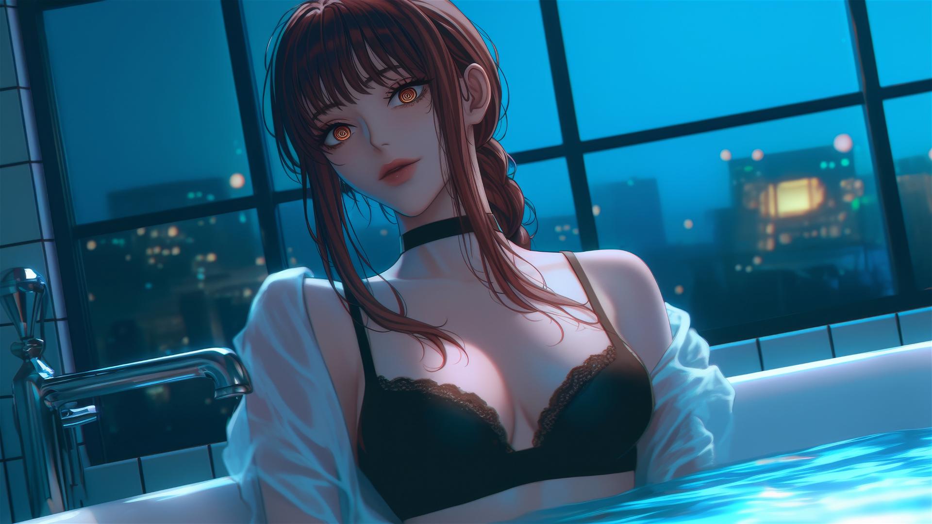 Makima from Chainsaw Man in a tub with moonlight casting a soft glow