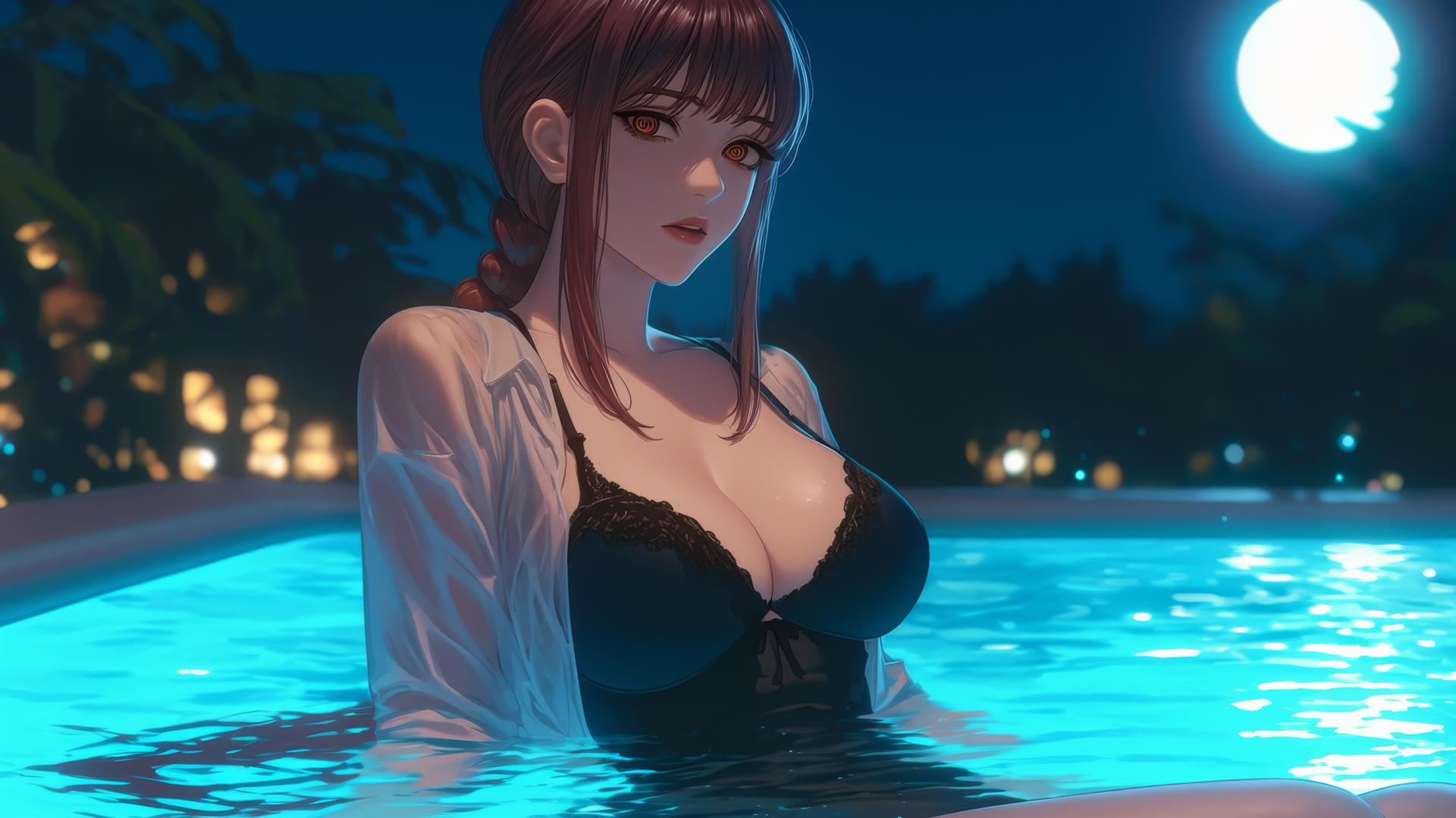 Makima from Chainsaw Man in a tub, moonlight soft glow.