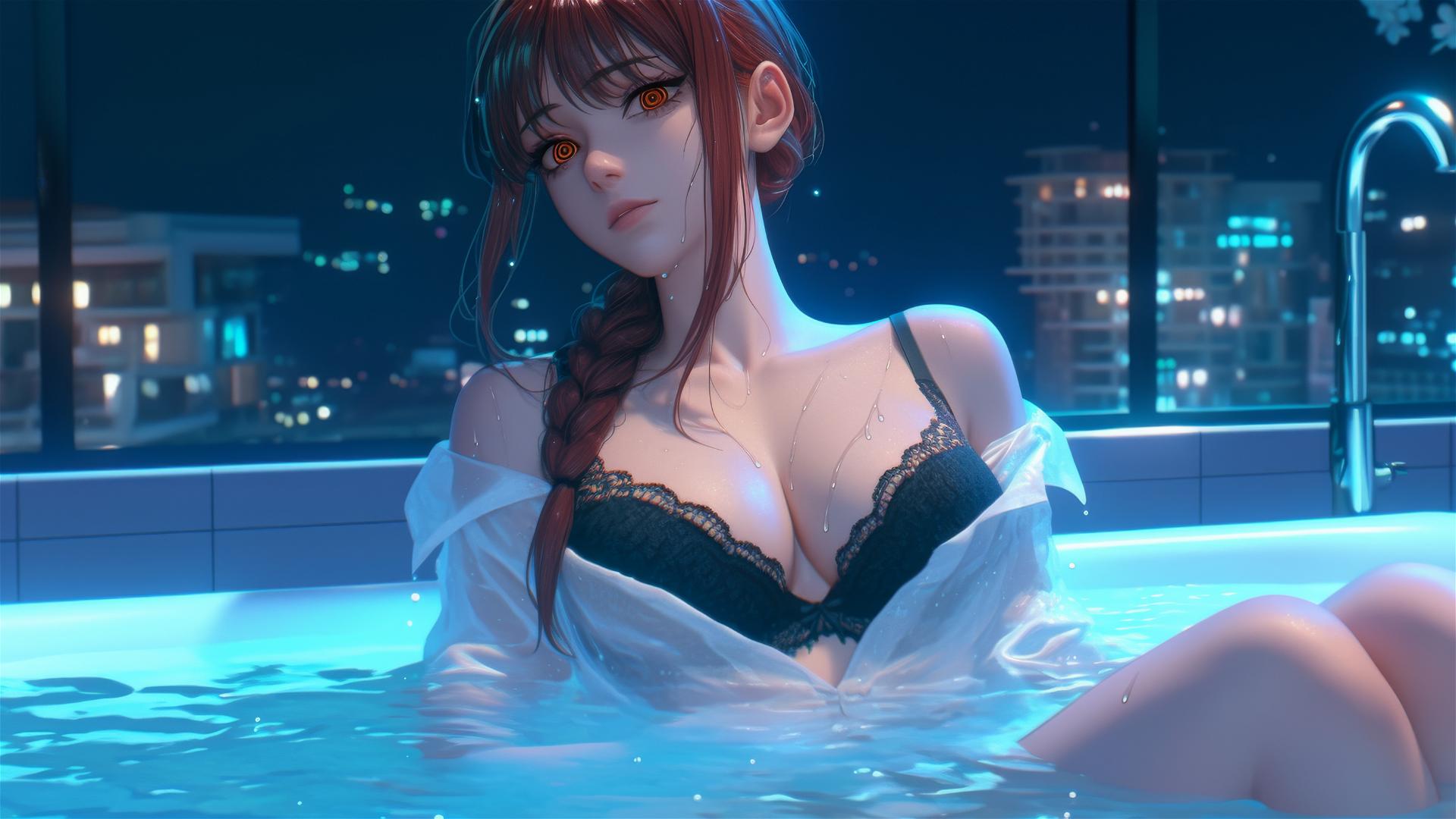 Makima from Chainsaw Man in a tub, illuminated by moonlight.