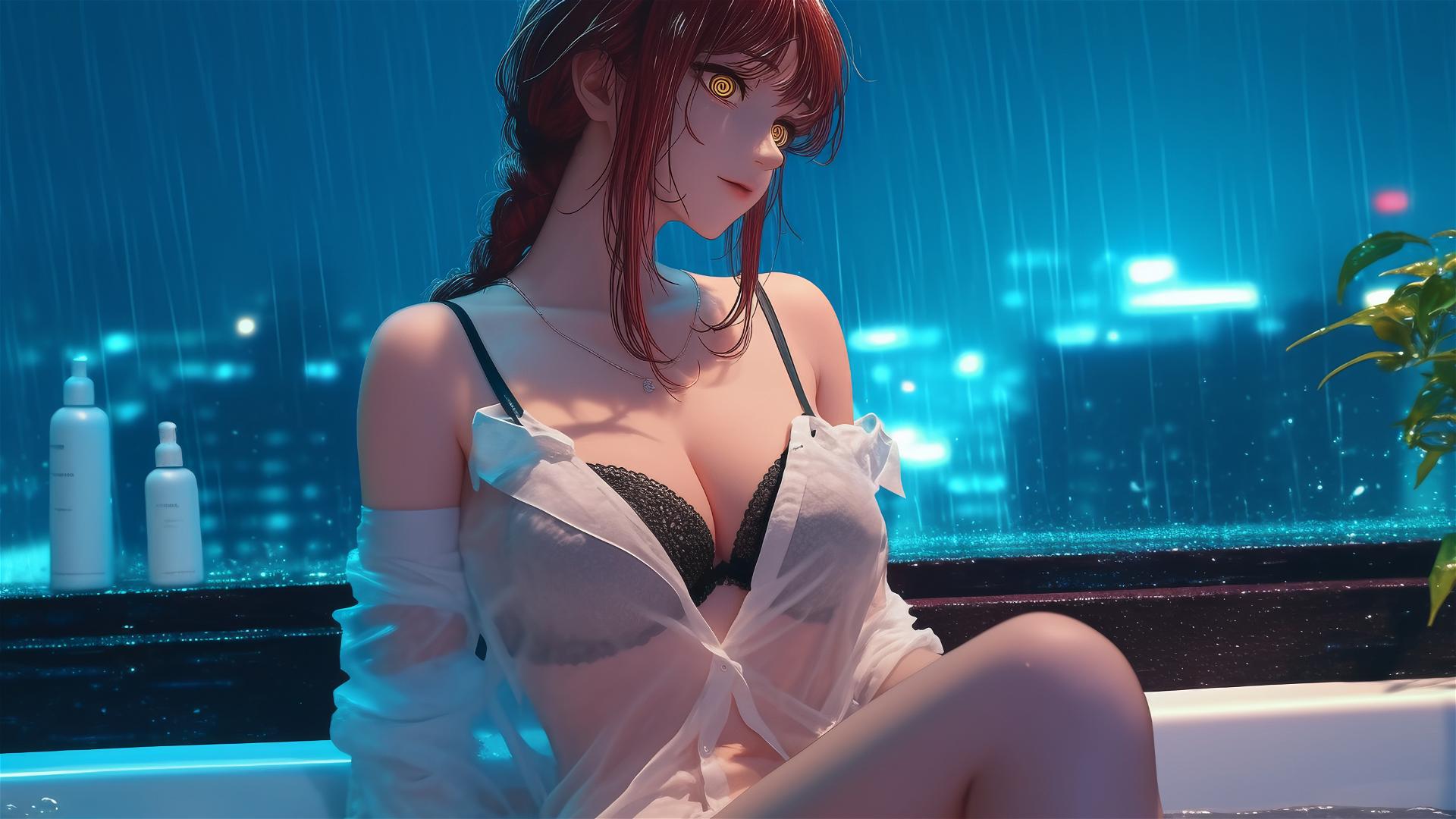 Makima from Chainsaw Man in a tub with moonlight casting a soft glow