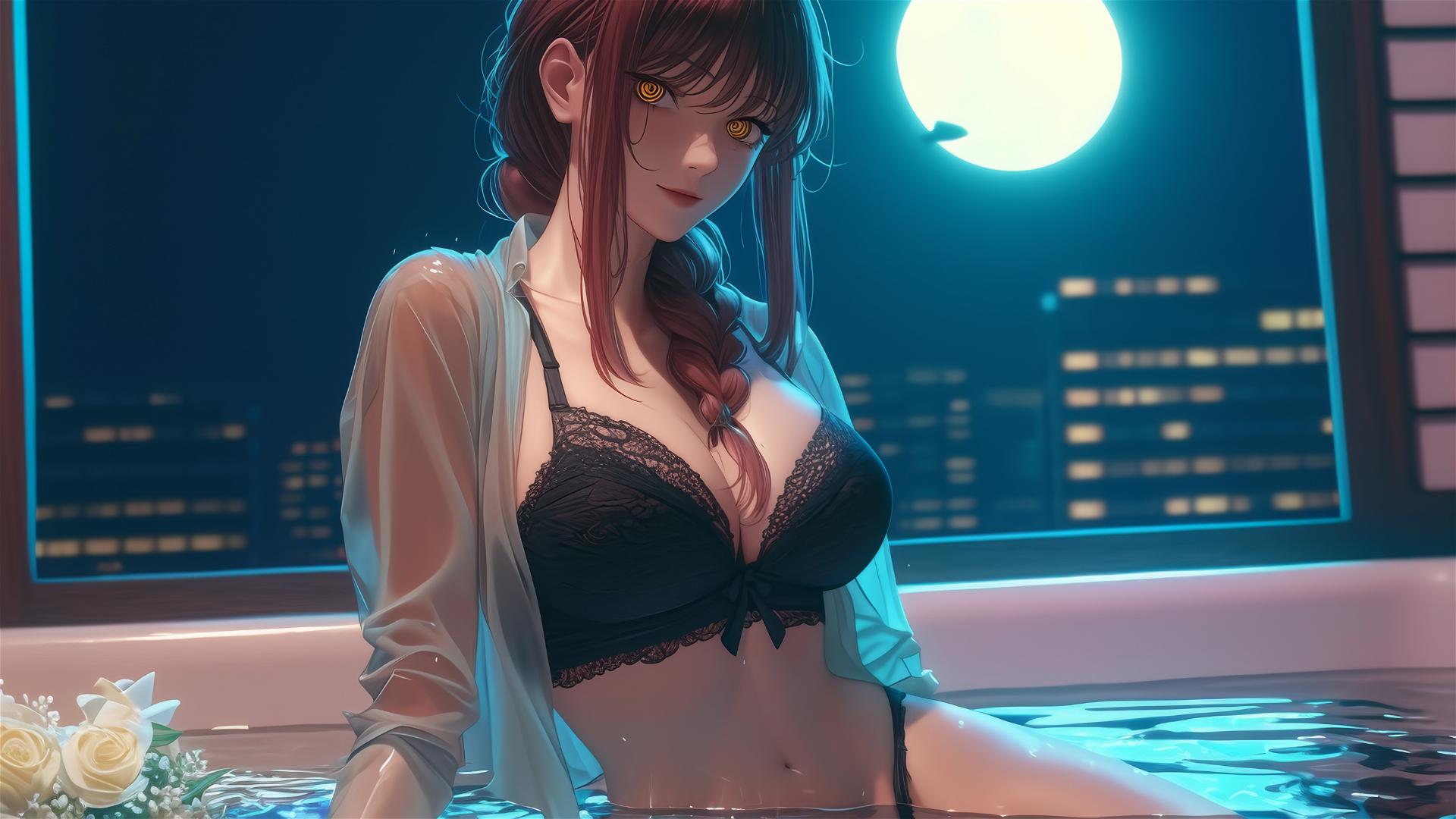Makima from Chainsaw Man in a tub, bathed in moonlight, with an ambiguous posture