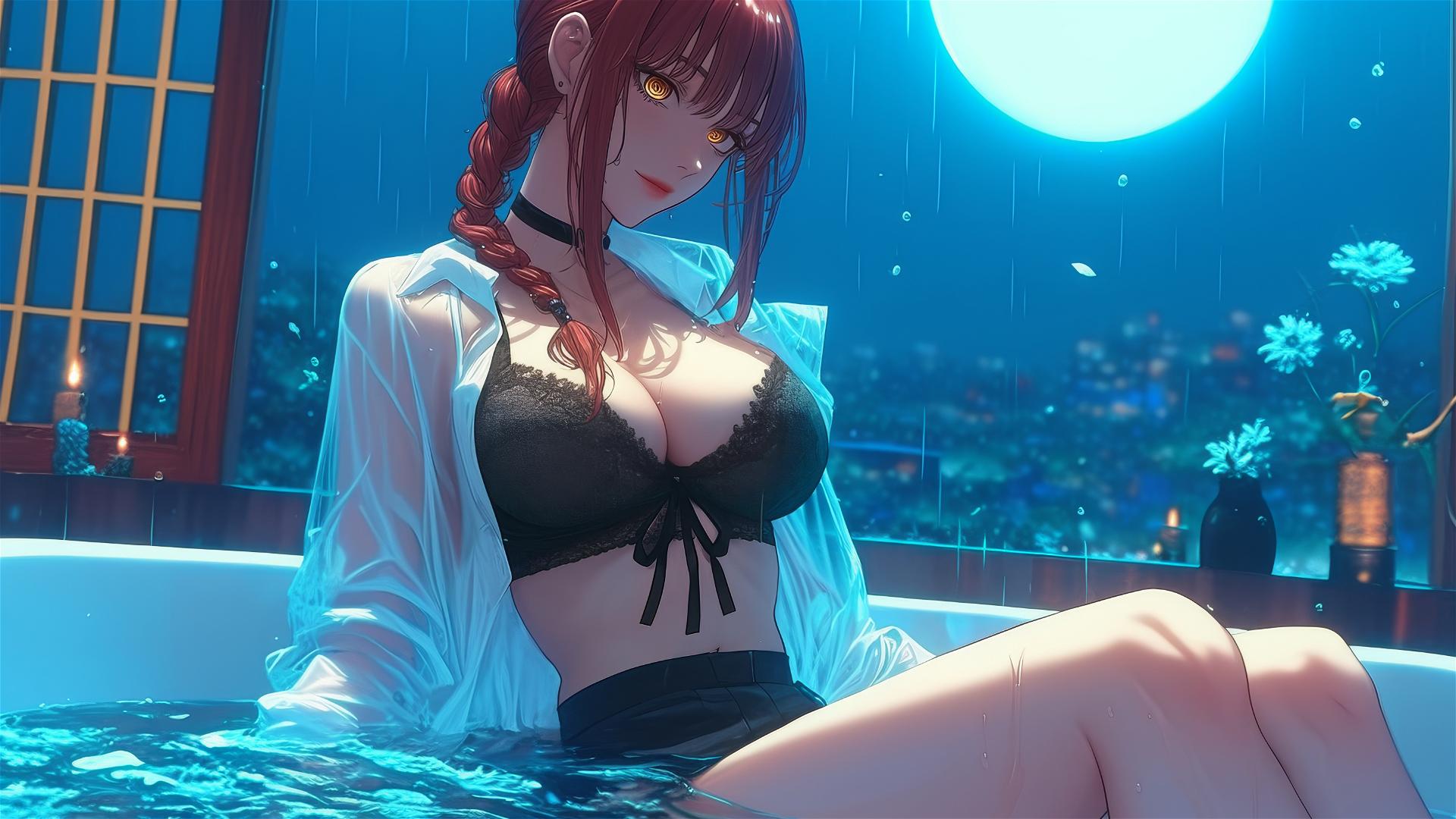 Makima from Chainsaw Man in a tub, illuminated by moonlight