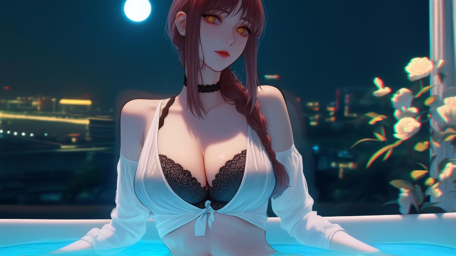 Makima from Chainsaw Man in a tub with moonlight casting a soft glow