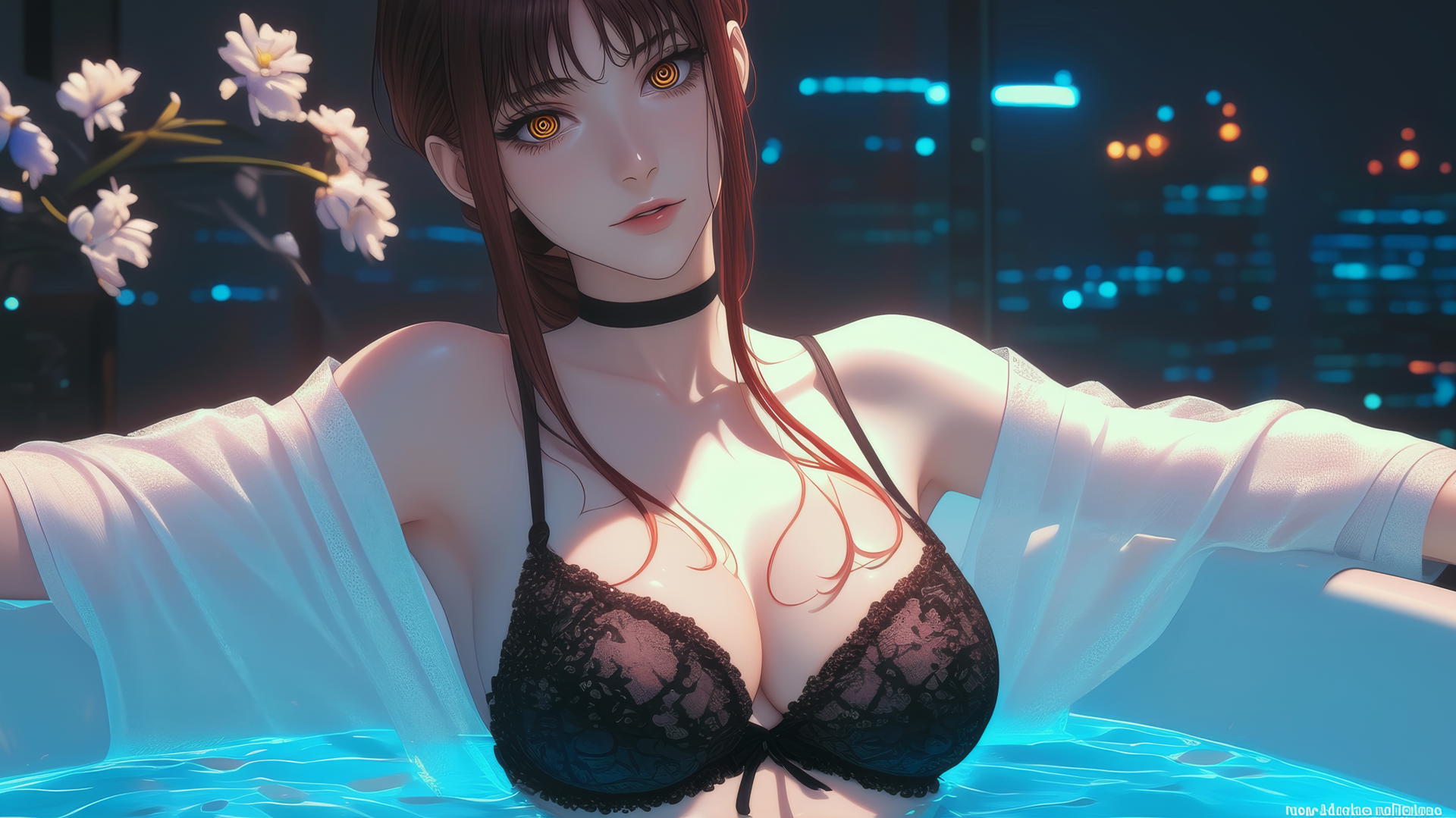 Makima from Chainsaw Man in a tub with moonlight casting a soft glow.