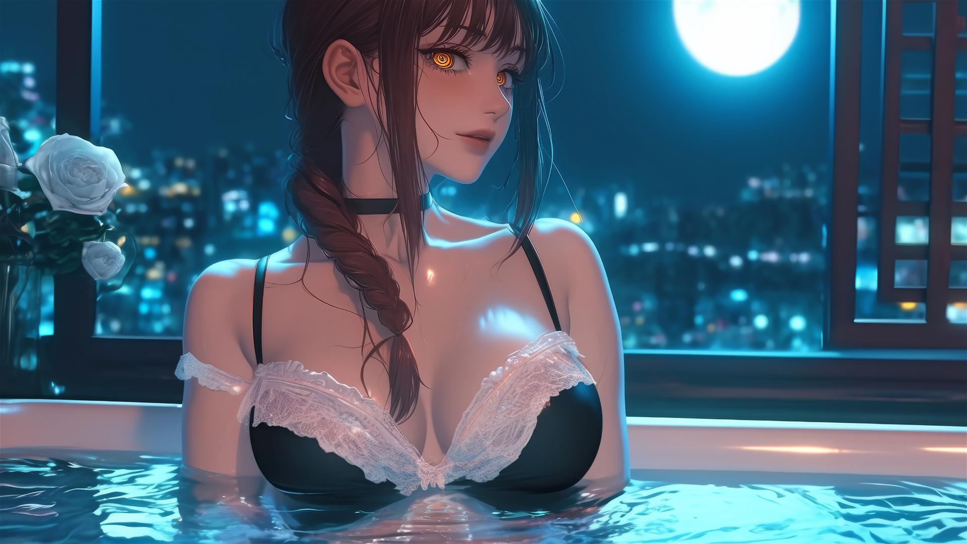 Makima in bathtub with moonlight glow