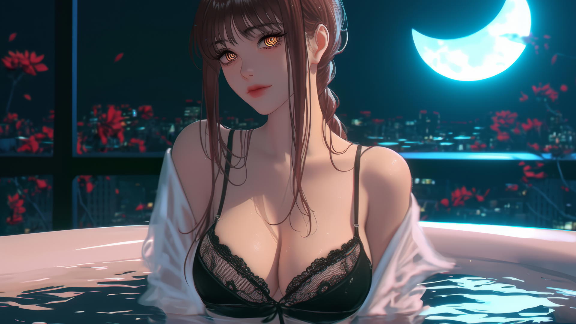 Makima from Chainsaw Man in a bathtub with moonlight casting a soft glow