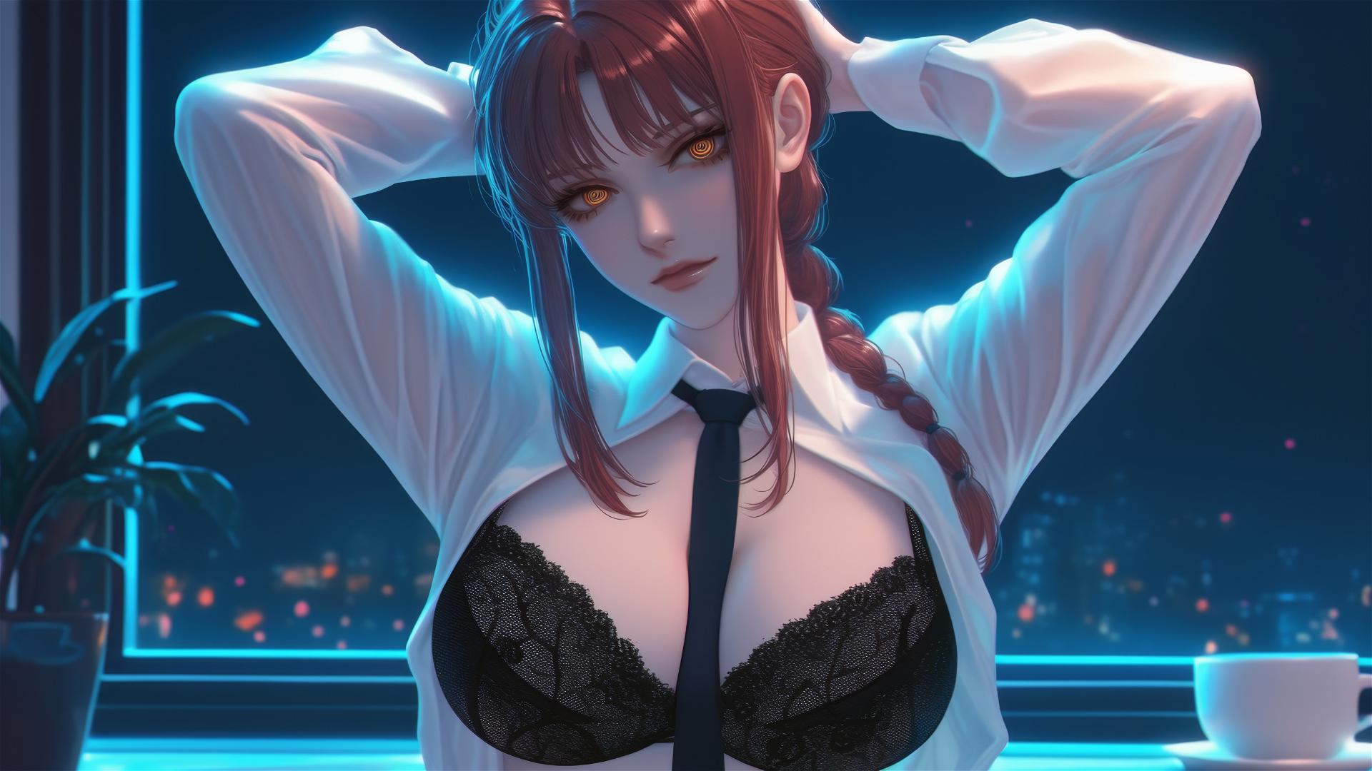 Makima from Chainsaw Man in modern office under moonlight