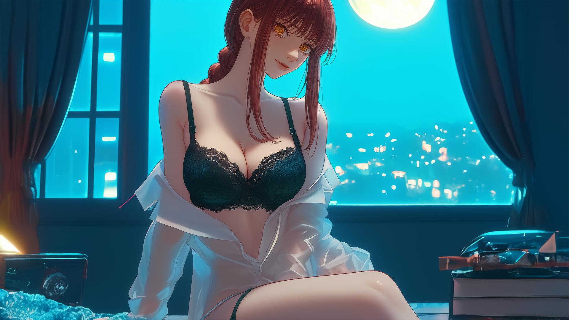 Makima from Chainsaw Man in an ambiguous posture illuminated by moonlight.