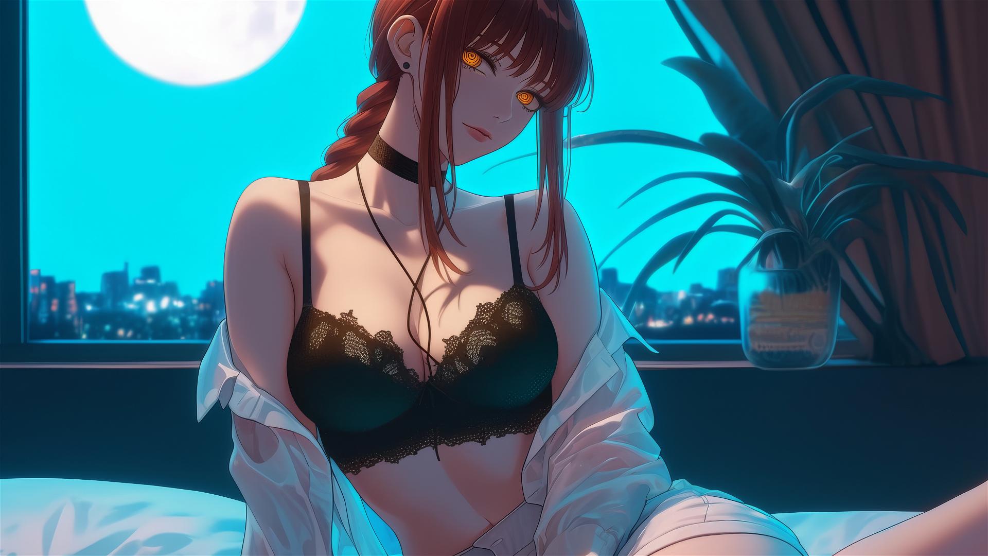 Makima from Chainsaw Man in her room with moonlight casting a soft glow on her.
