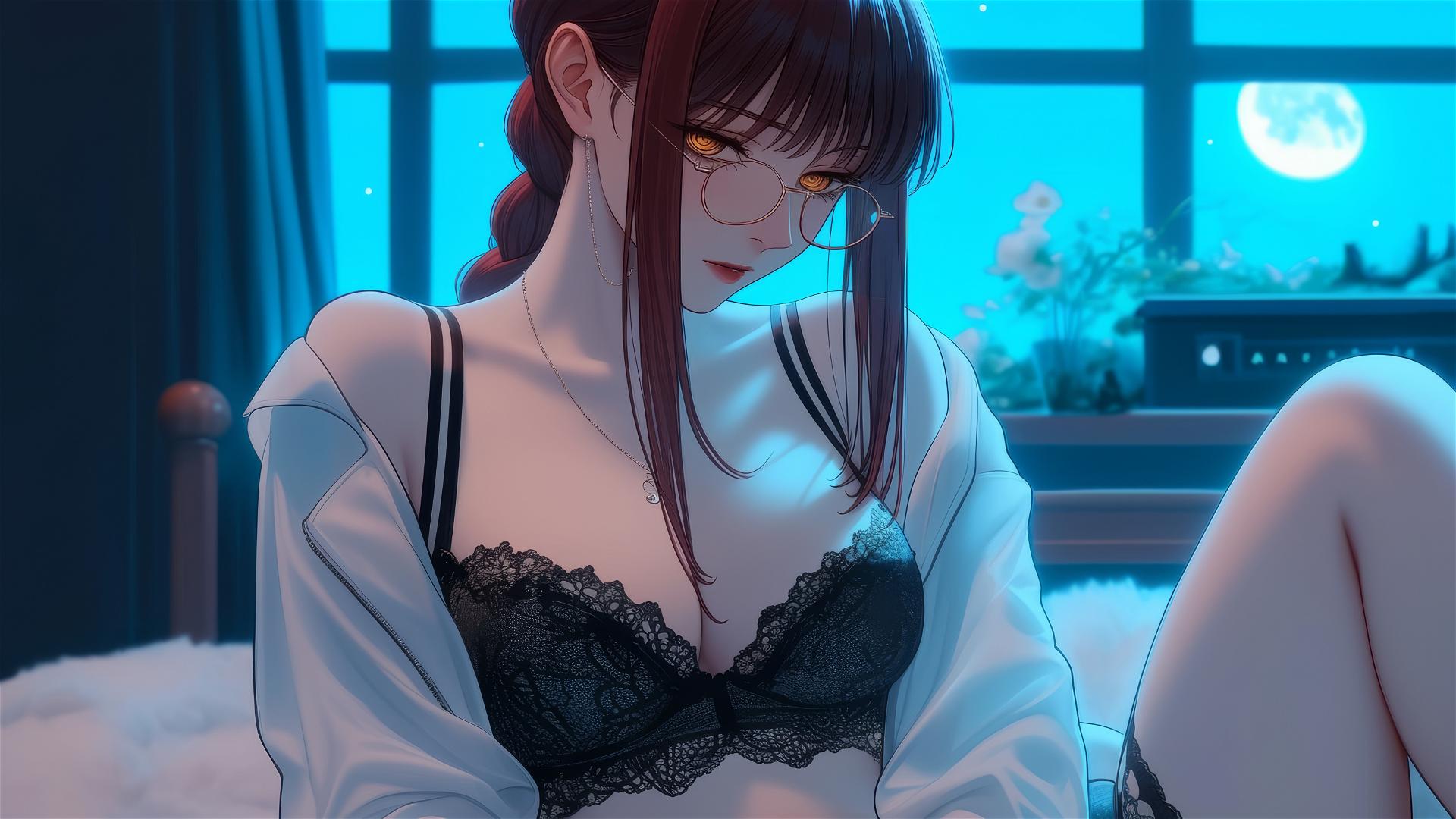Makima from Chainsaw Man in her room with moonlight glow