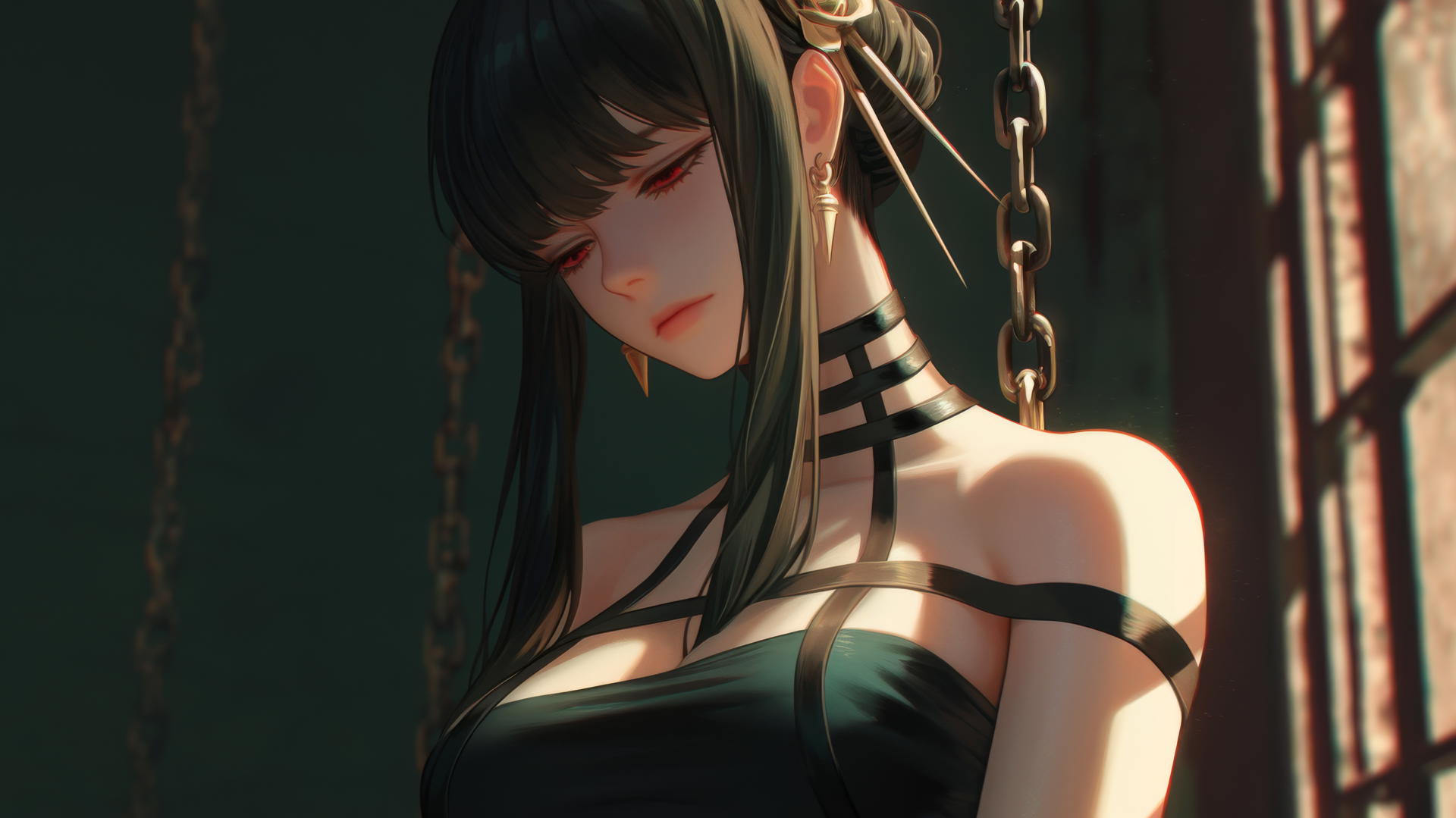 Yor Forger in chains in a modern hotel room, bathed in warm light