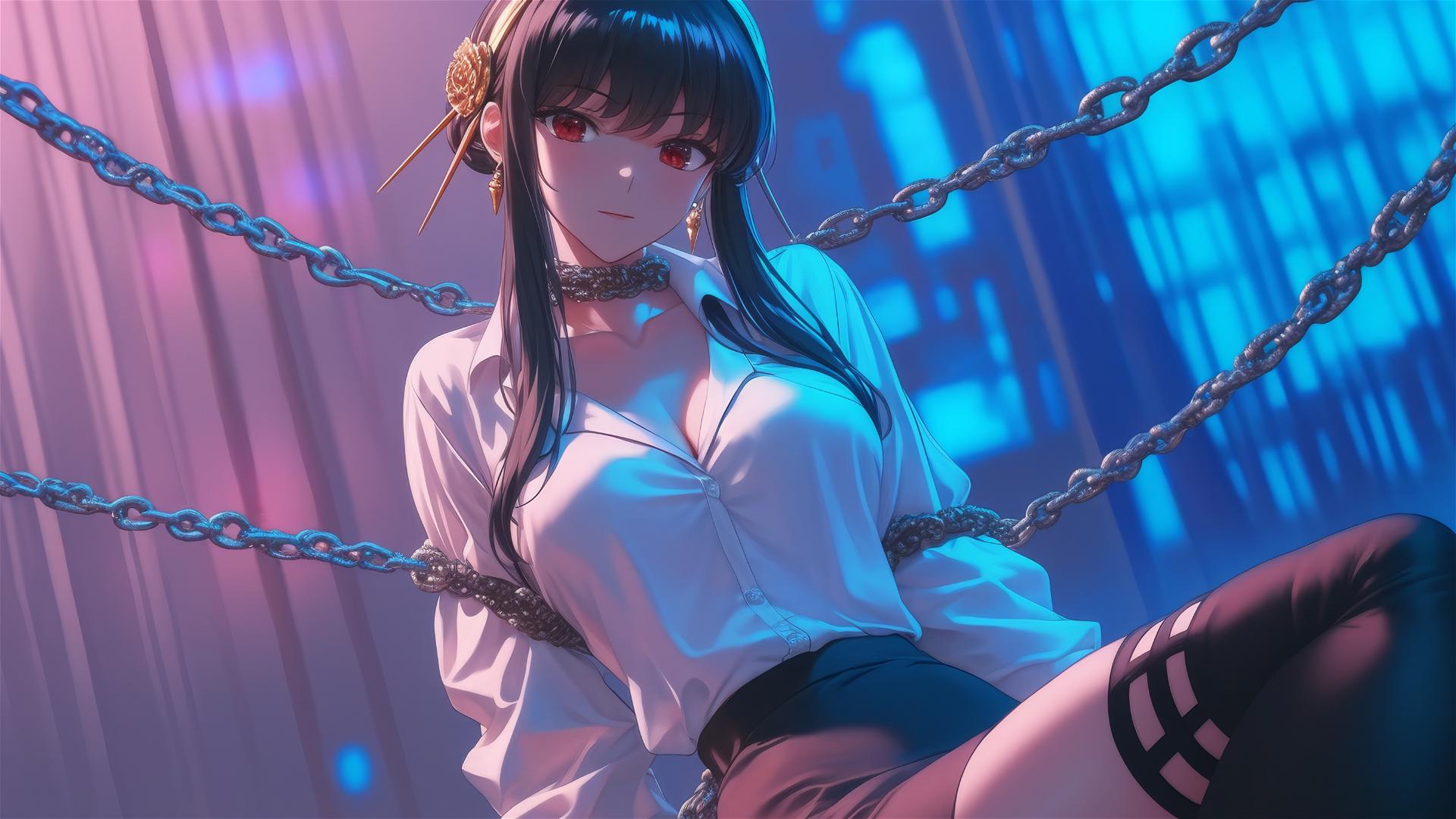 Yor Forger from Spy x Family chained in a modern hotel room with neon light