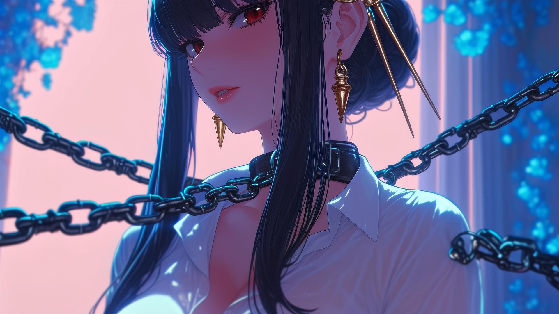 Yor Forger chained in neon-lit hotel room with thigh focus