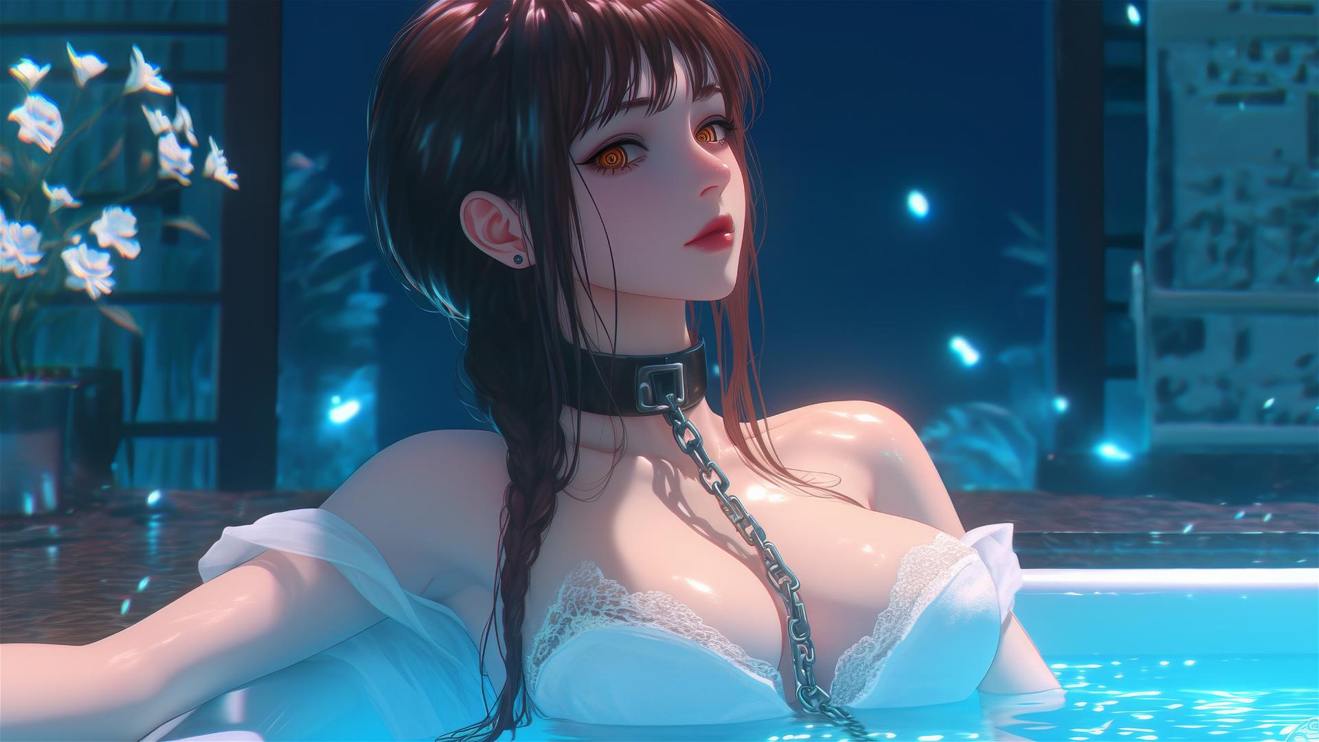 Makima from Chainsaw Man resting in a tub with chains under moonlight