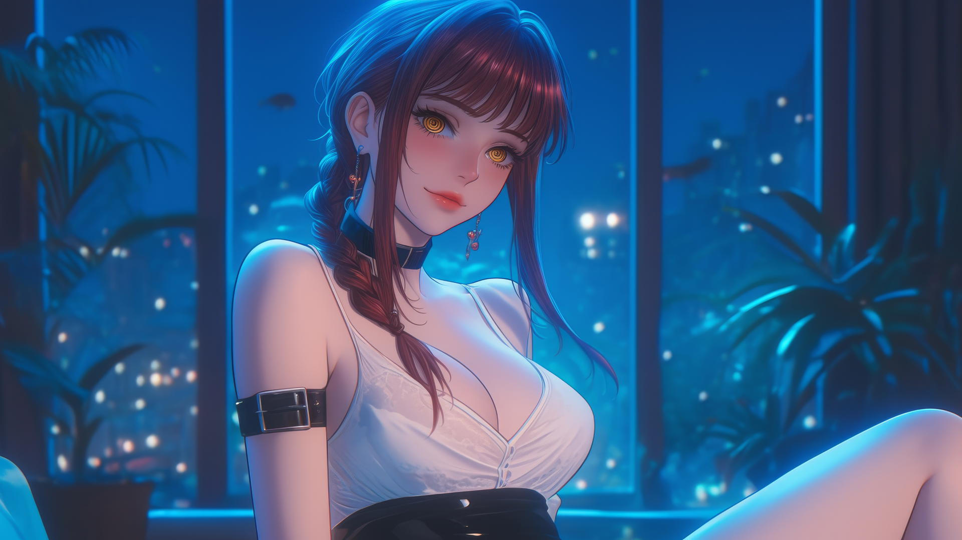 Makima lying in a tub with chains around her neck in moonlit room