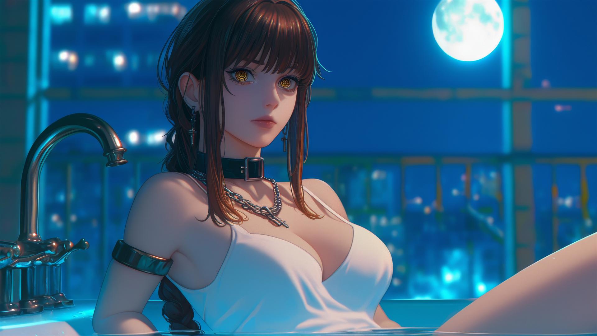 Makima from Chainsaw Man locked with iron chains, resting in a tub under moonlight.