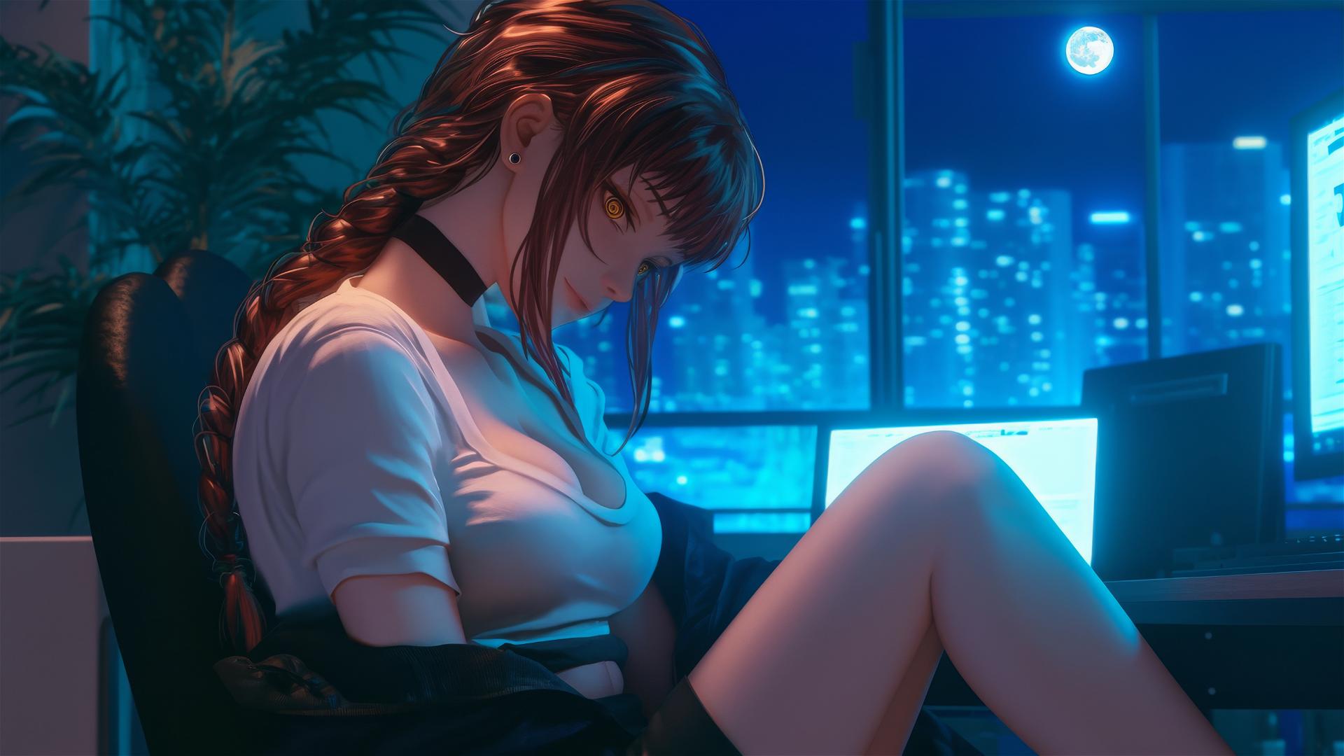 Makima from Chainsaw Man in her room with a soft moonlight glow
