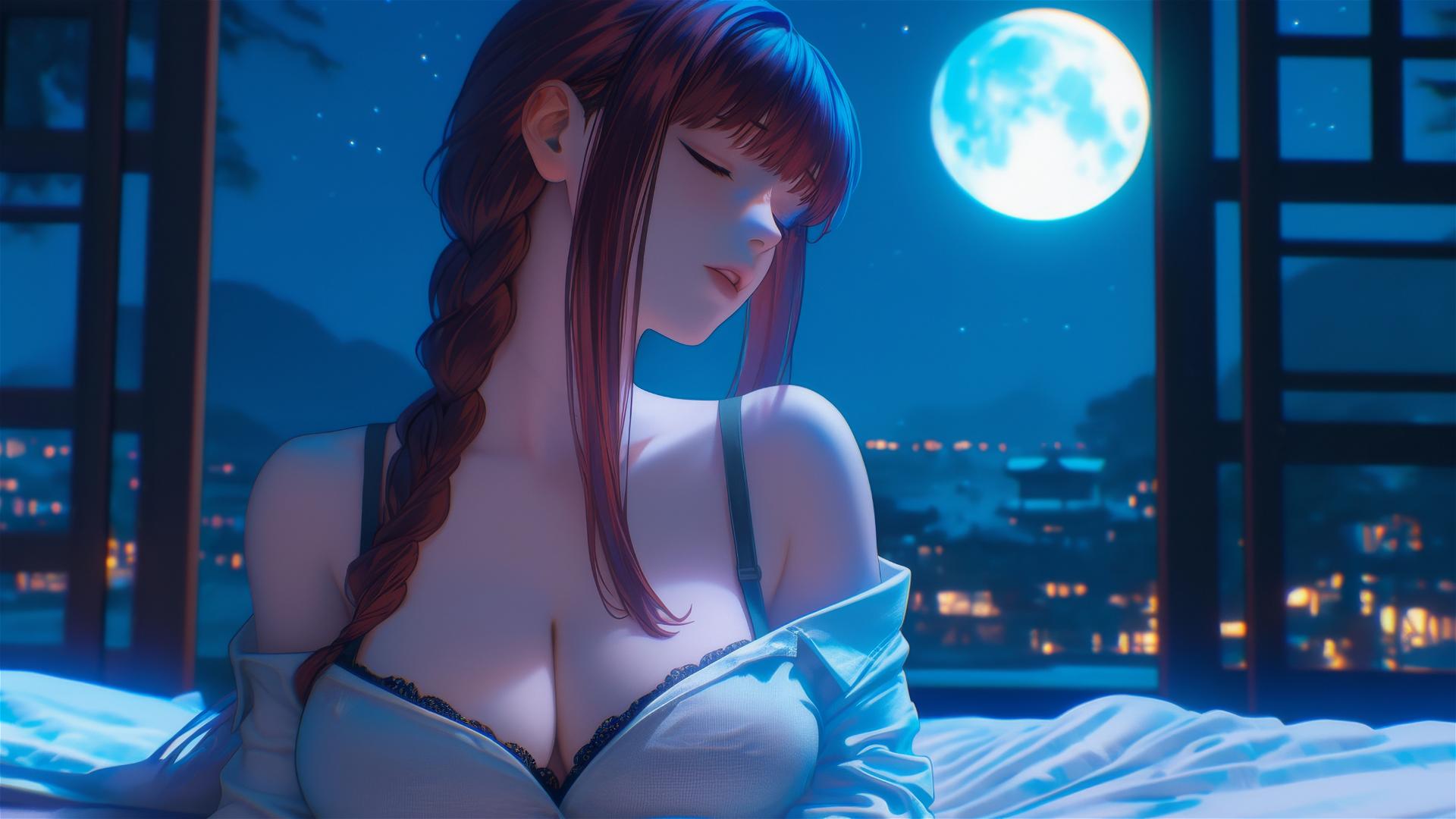 Makima from Chainsaw Man in a room with moonlight glow