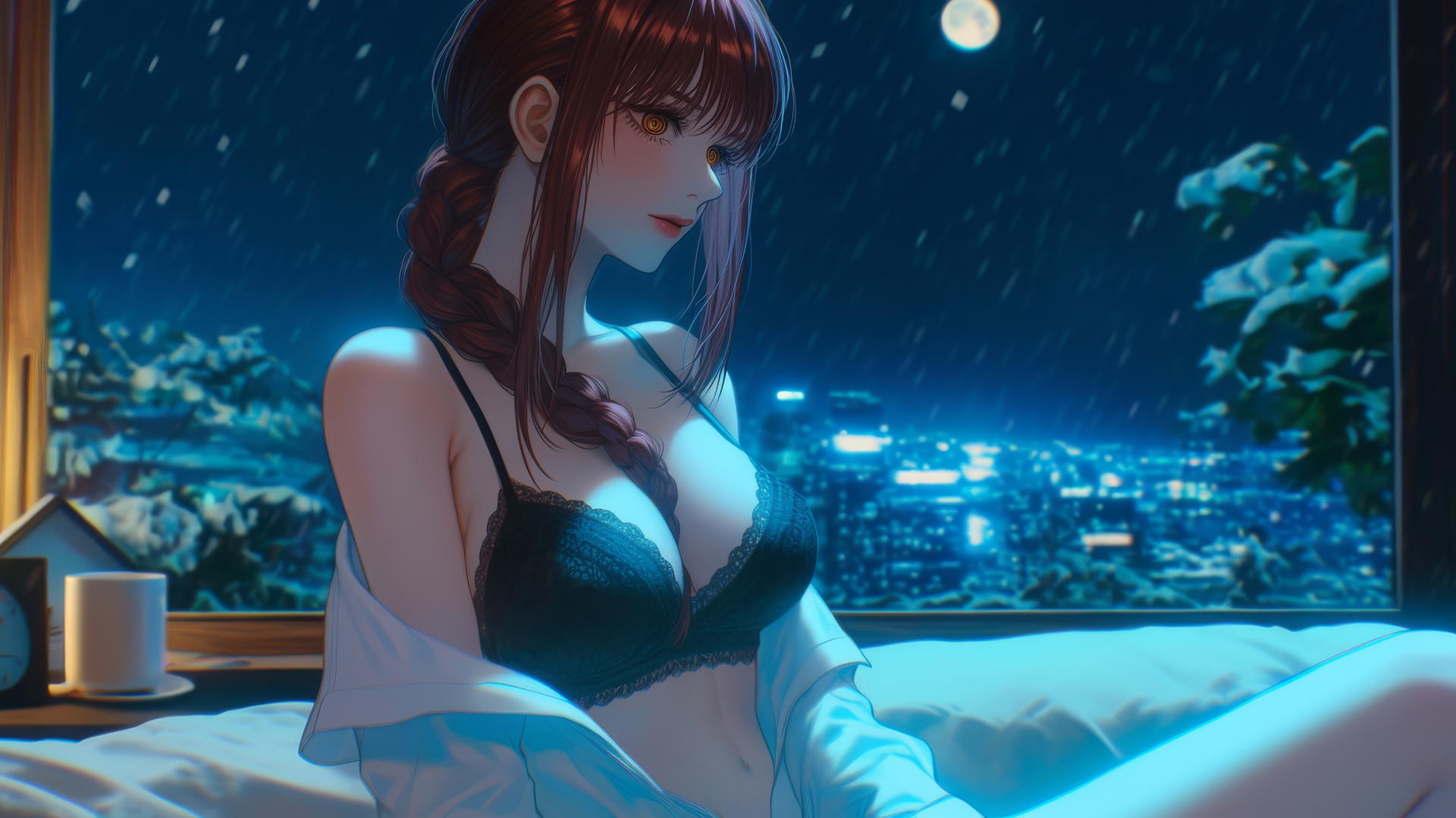 Makima from Chainsaw Man in her room under moonlight.