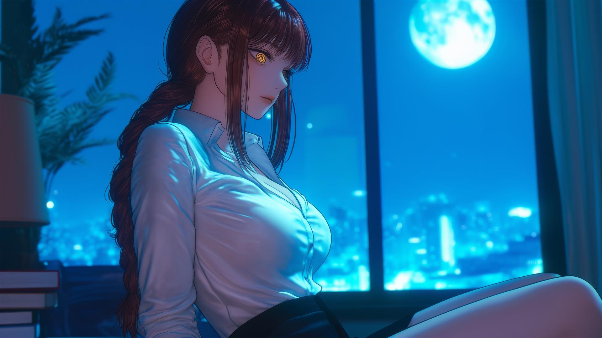 Makima from Chainsaw Man in a softly lit room, illuminated by moonlight.