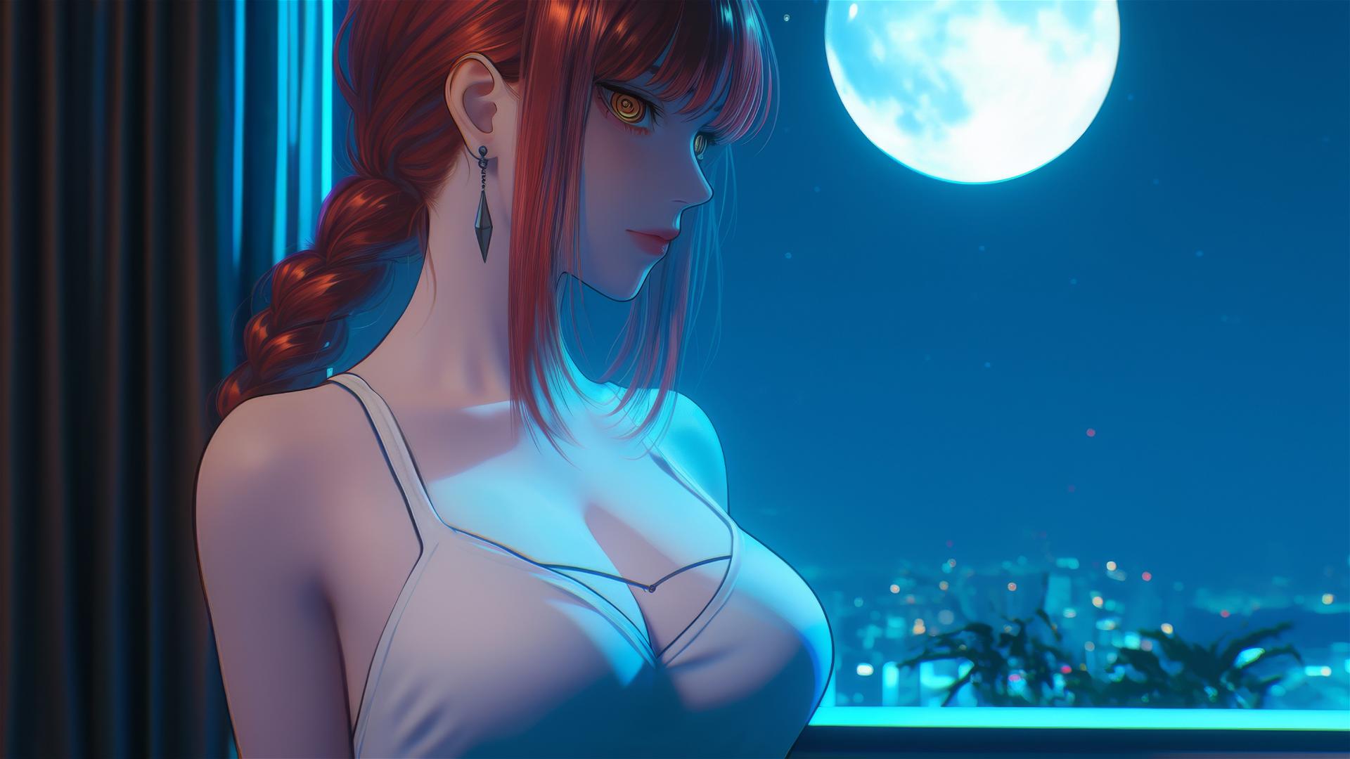 Makima from Chainsaw Man in room with soft moonlight glow