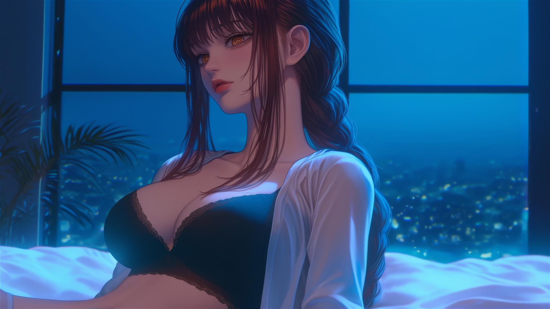 Makima from Chainsaw Man in her room, moonlight glow