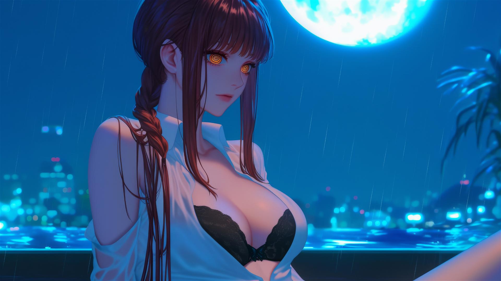 Makima resting under moonlit rainy rooftop