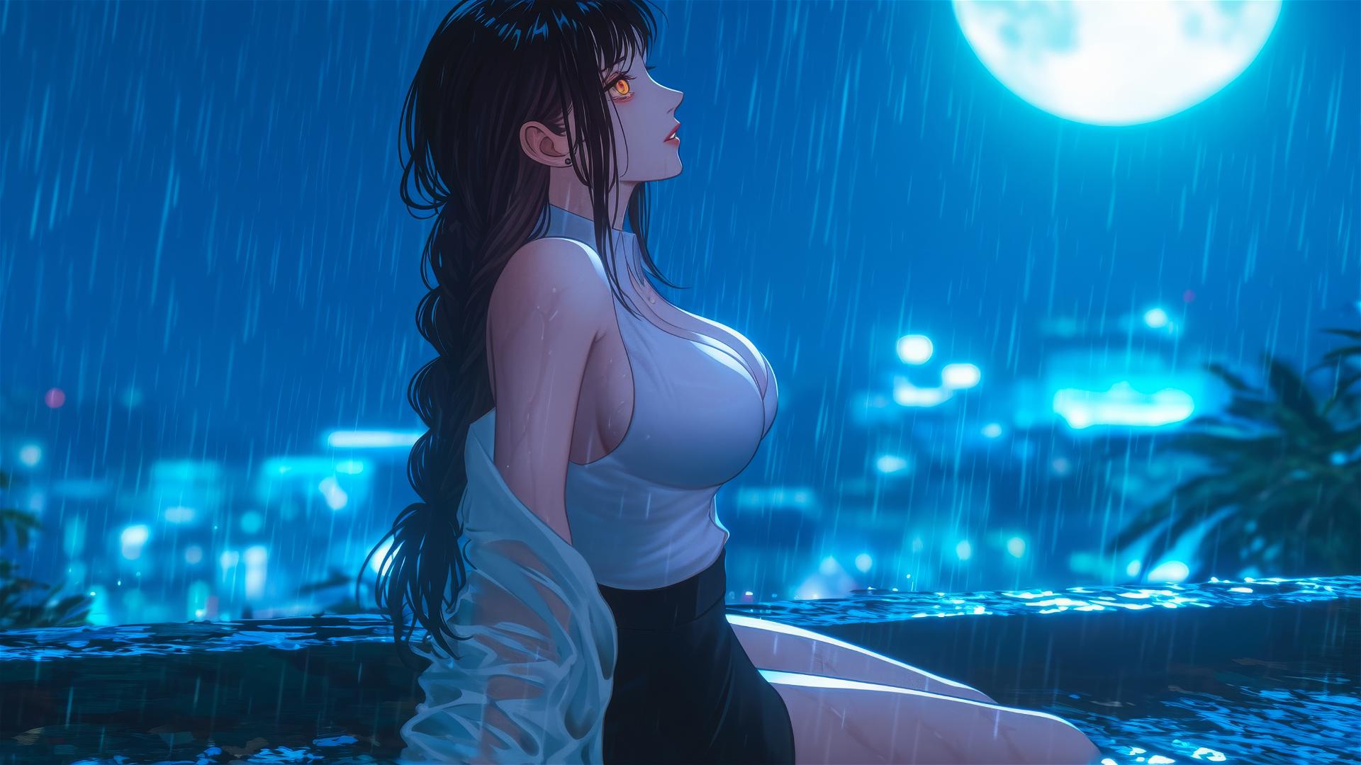 Makima from Chainsaw Man resting on a rainy rooftop under moonlight