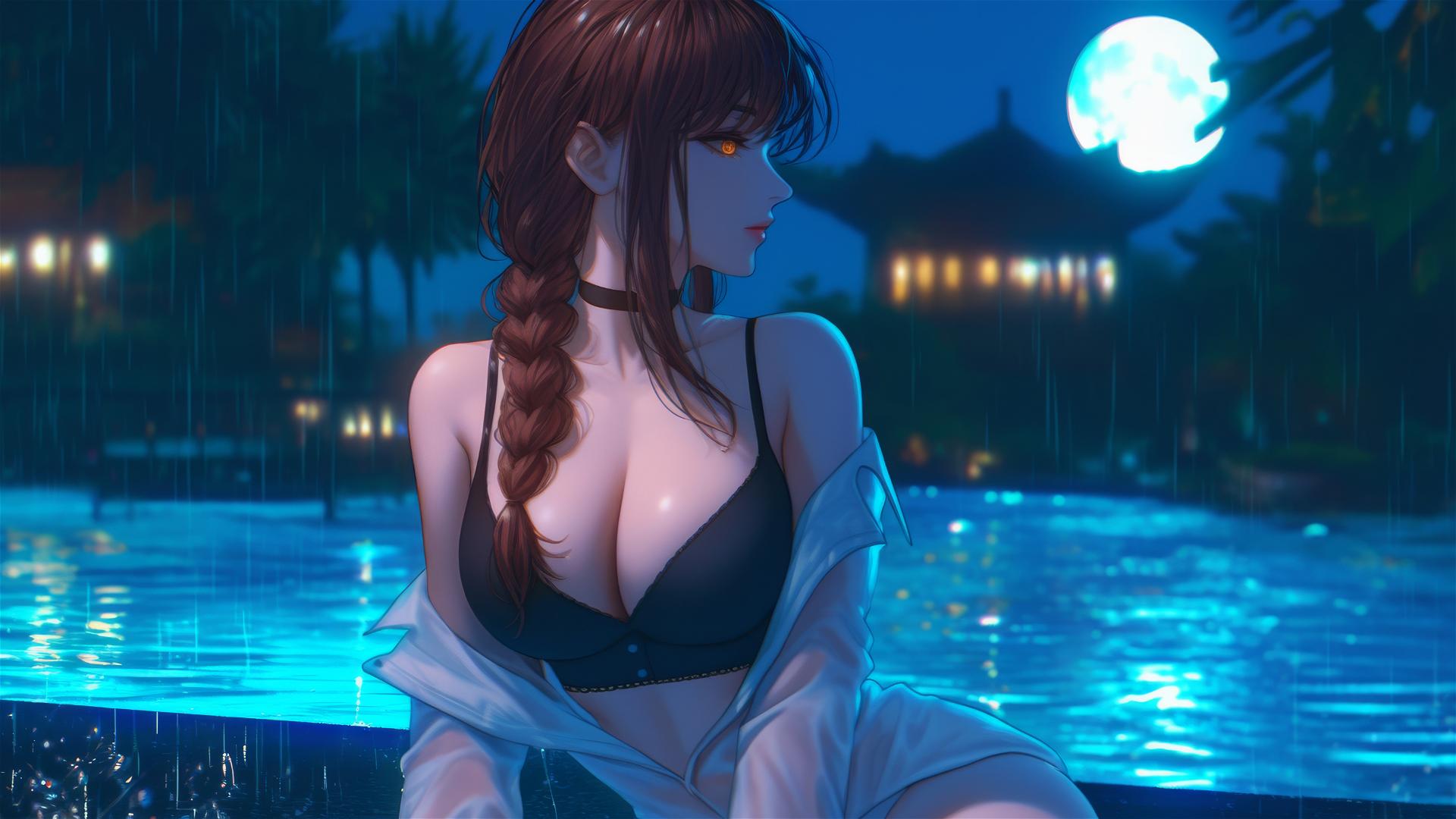 Makima from Chainsaw Man resting on a rainy rooftop with moonlight glow