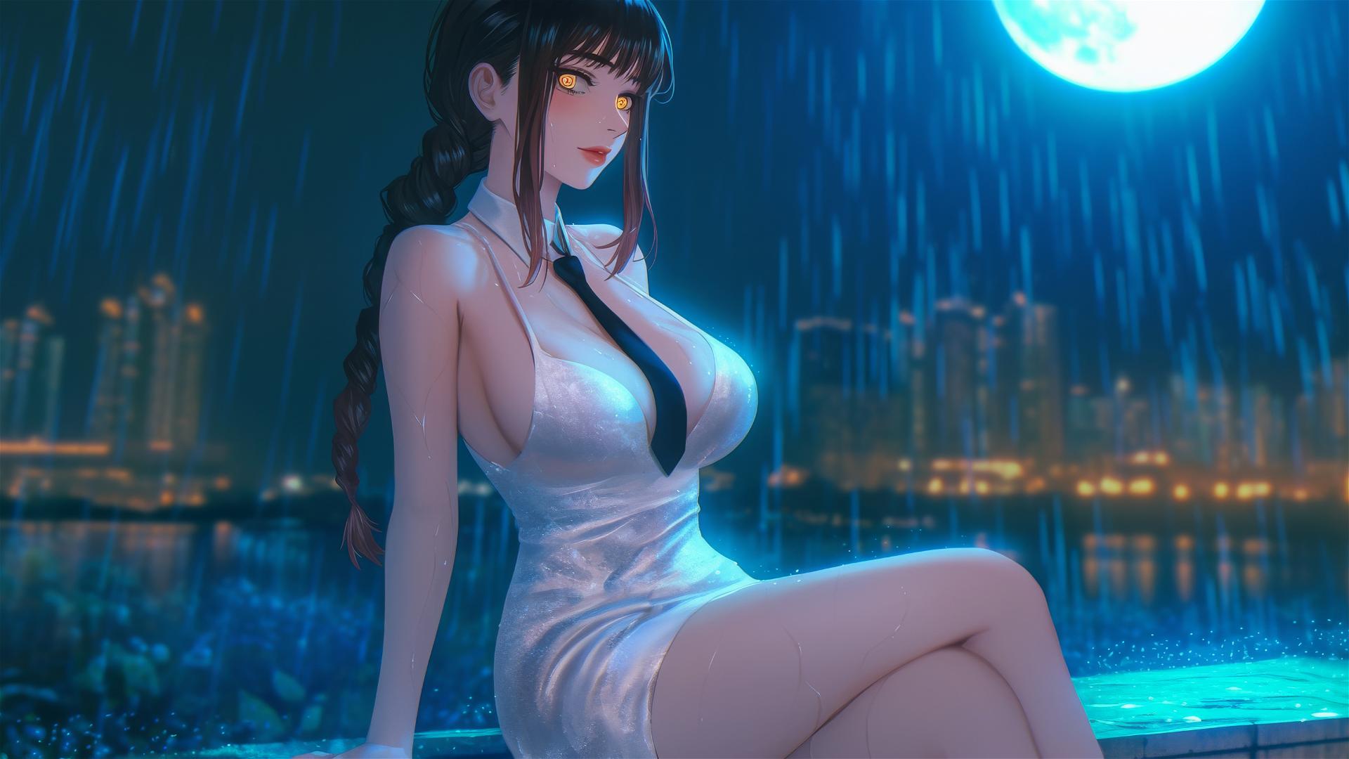 Makima from Chainsaw Man resting on a rainy rooftop under moonlight