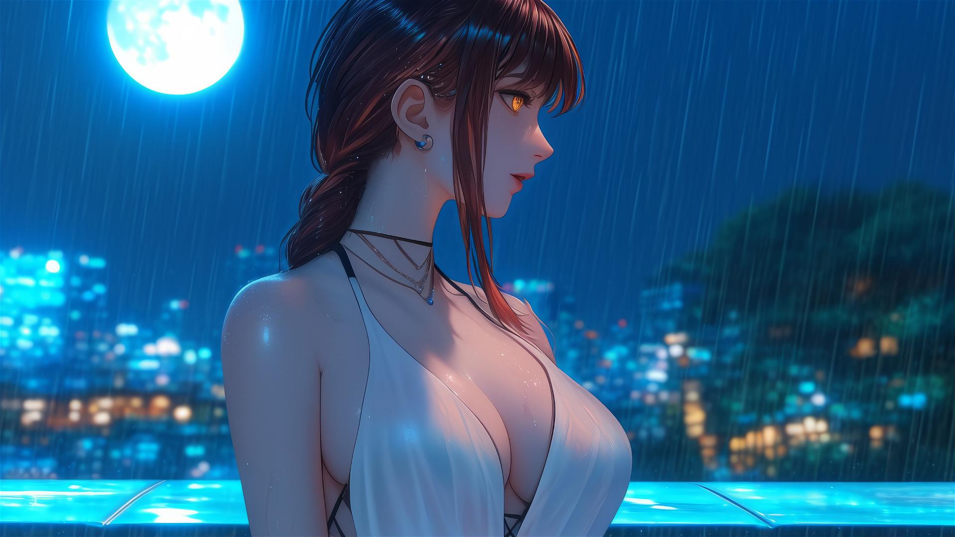 Makima from Chainsaw Man resting on a rainy rooftop, moonlight glowing.