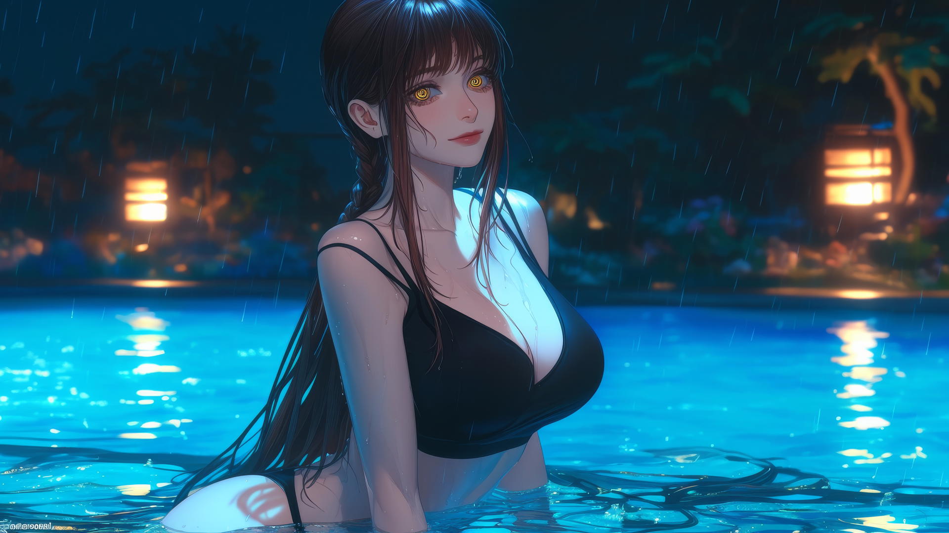 Makima from Chainsaw Man at a rainy pool with moonlight glow