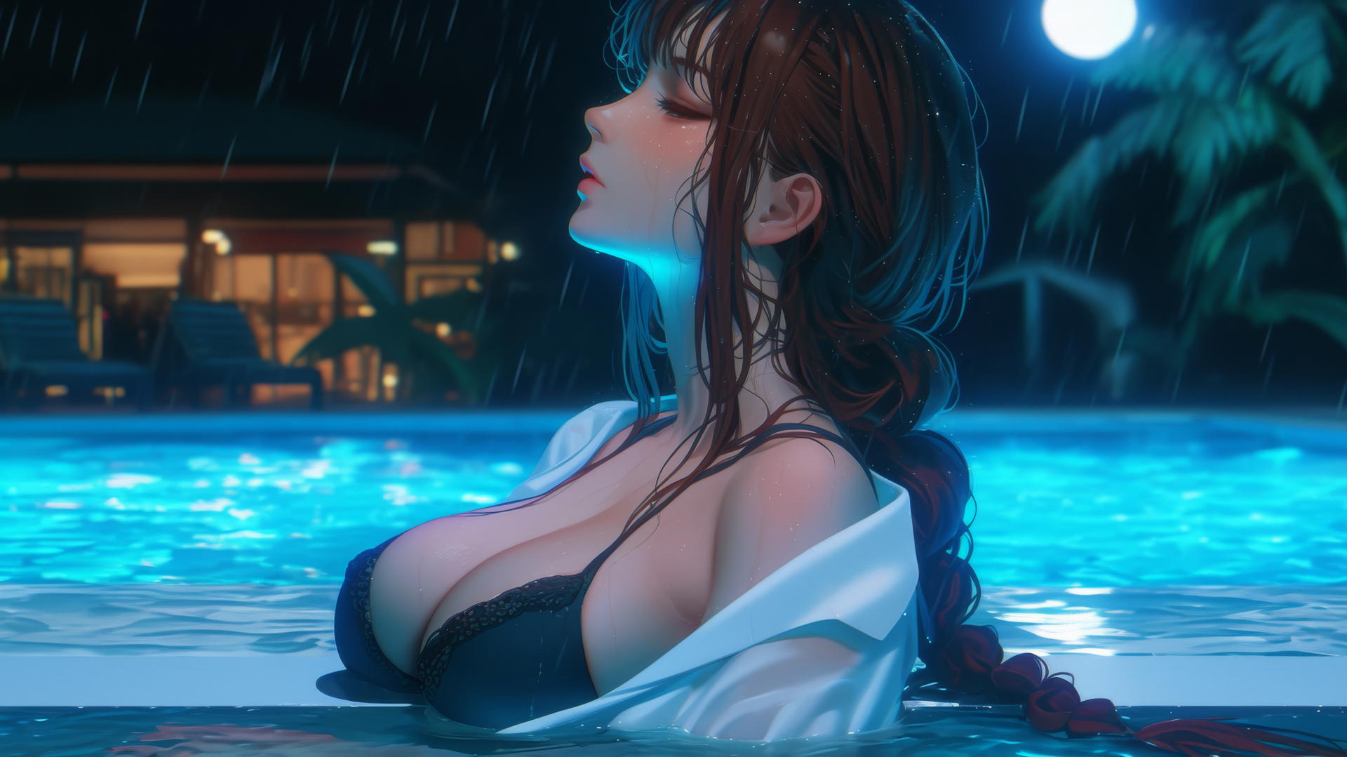 Makima from Chainsaw Man resting at a rainy pool with moonlight glow