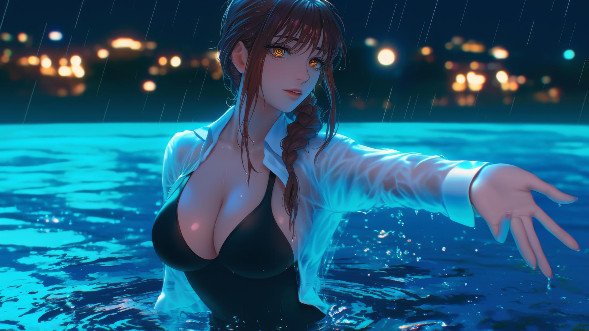 Makima from Chainsaw Man jumping out of a rainy swimming pool under moonlight