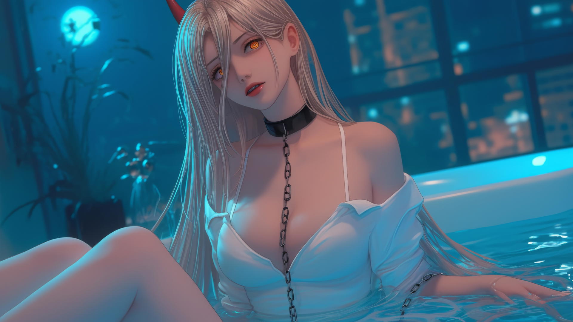 Power from Chainsaw Man, with blonde hair, red horns, locked with iron chains, resting in a tub under moonlight