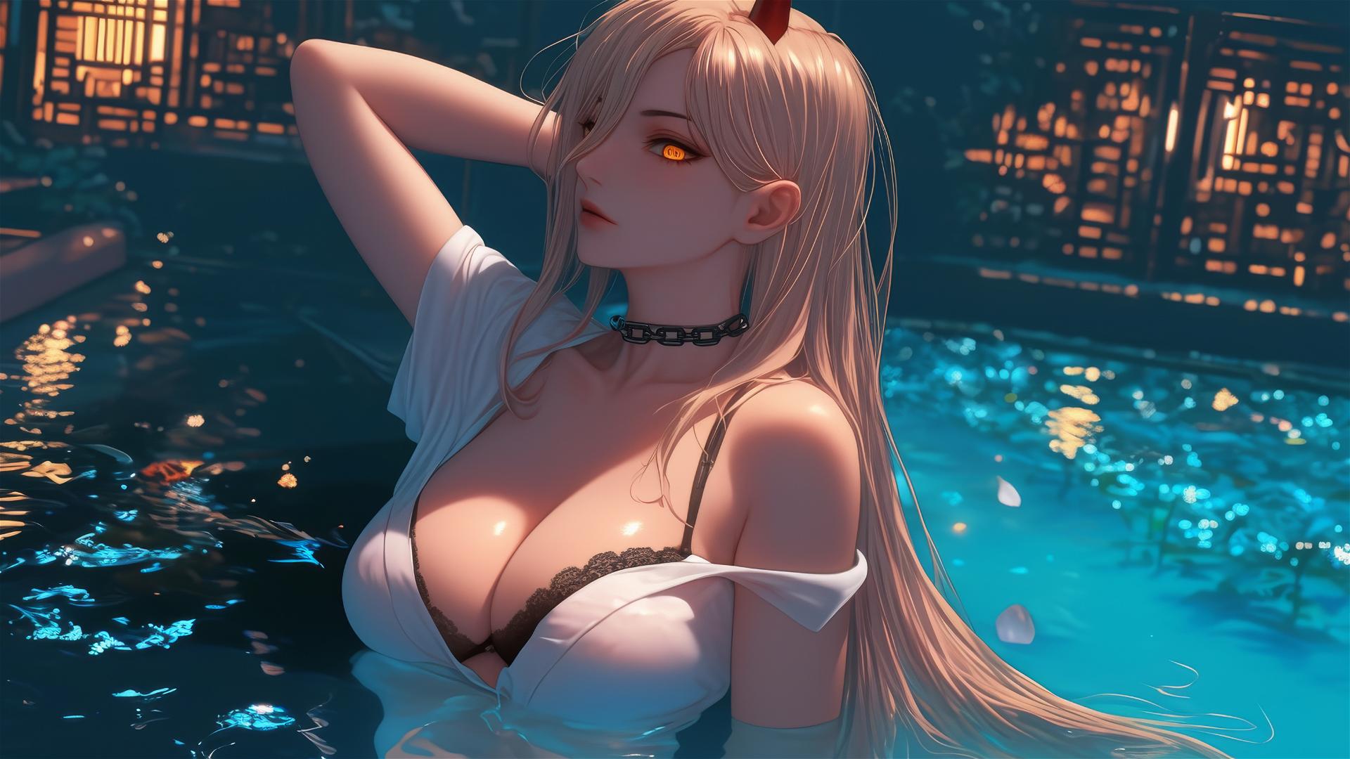 Power from Chainsaw Man, chained in a tub, with blonde hair, red horns, and yellow eyes, bathed in moonlight.