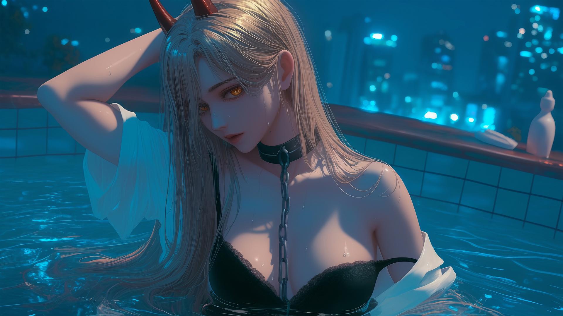 Power from Chainsaw Man with iron chains, resting in a tub, blonde hair, red horns