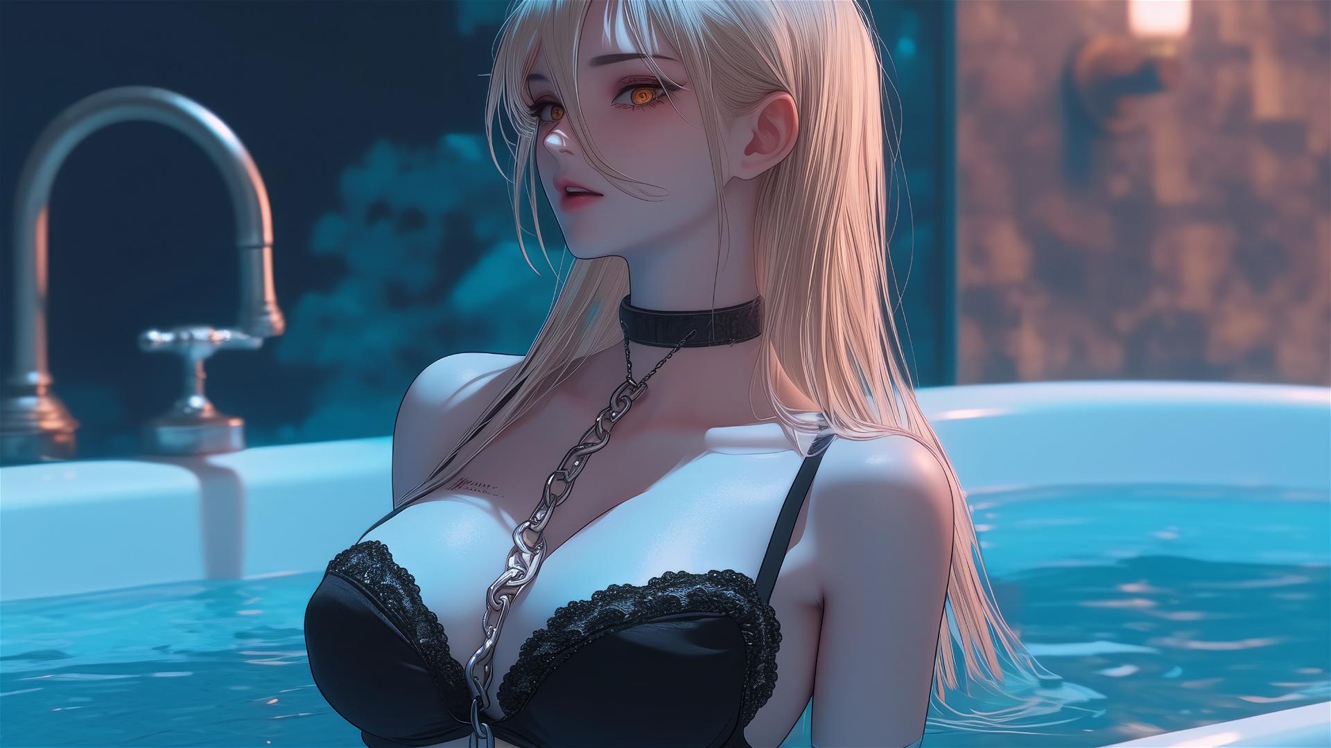 Chainsaw Man's Power with blonde hair, red horns, and yellow eyes, chained and jumping out of a tub in moonlight.