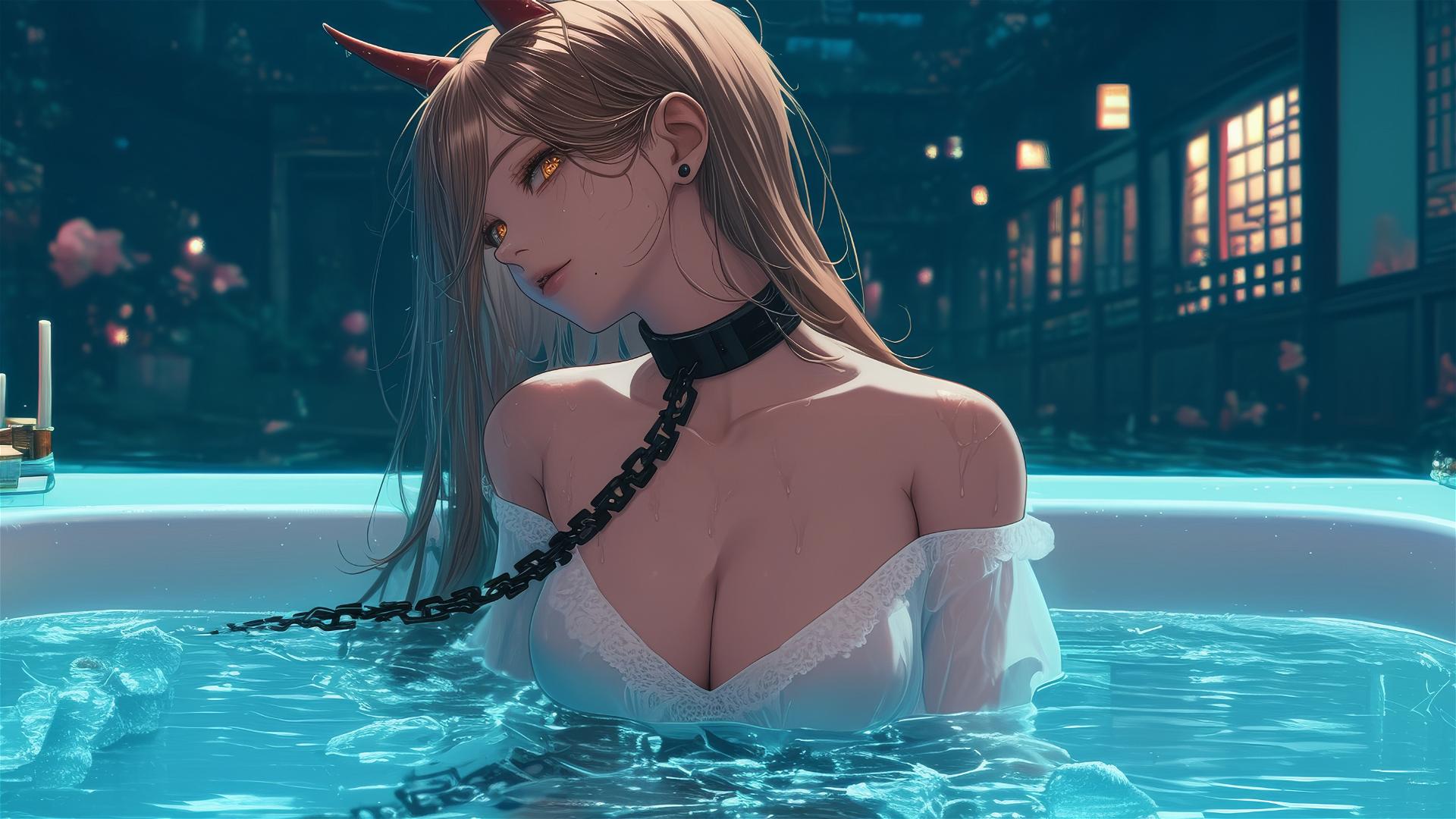 Power from Chainsaw Man with blonde hair and red horns, jumping out of a tub, chained, under moonlight.