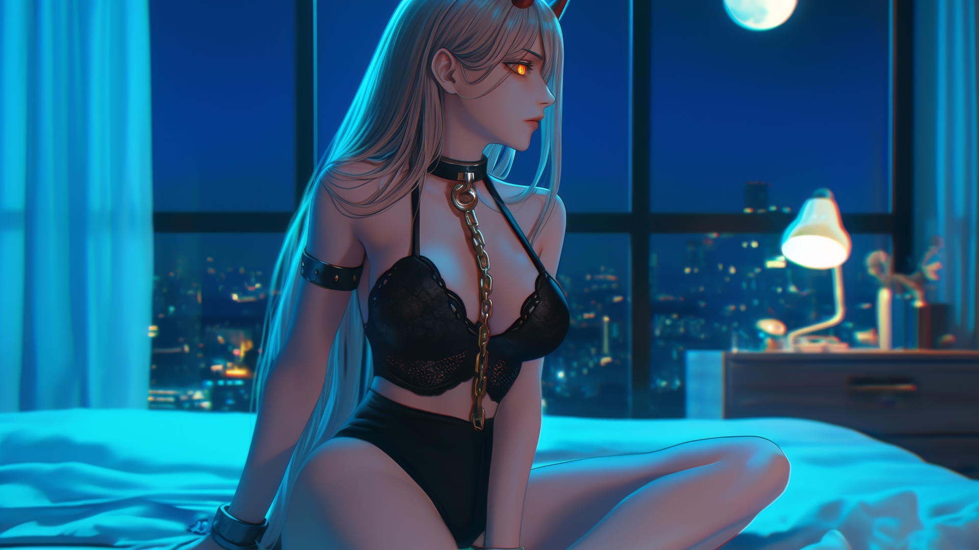 Power from Chainsaw Man locked with iron chains in a hotel room, moonlight glow