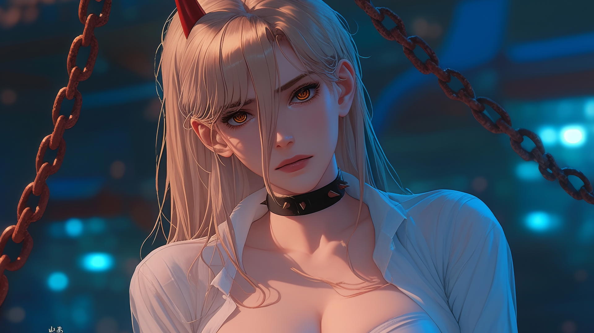 Power from Chainsaw Man with iron chains in a dark basement, blonde hair, light red horns, yellow eyes.