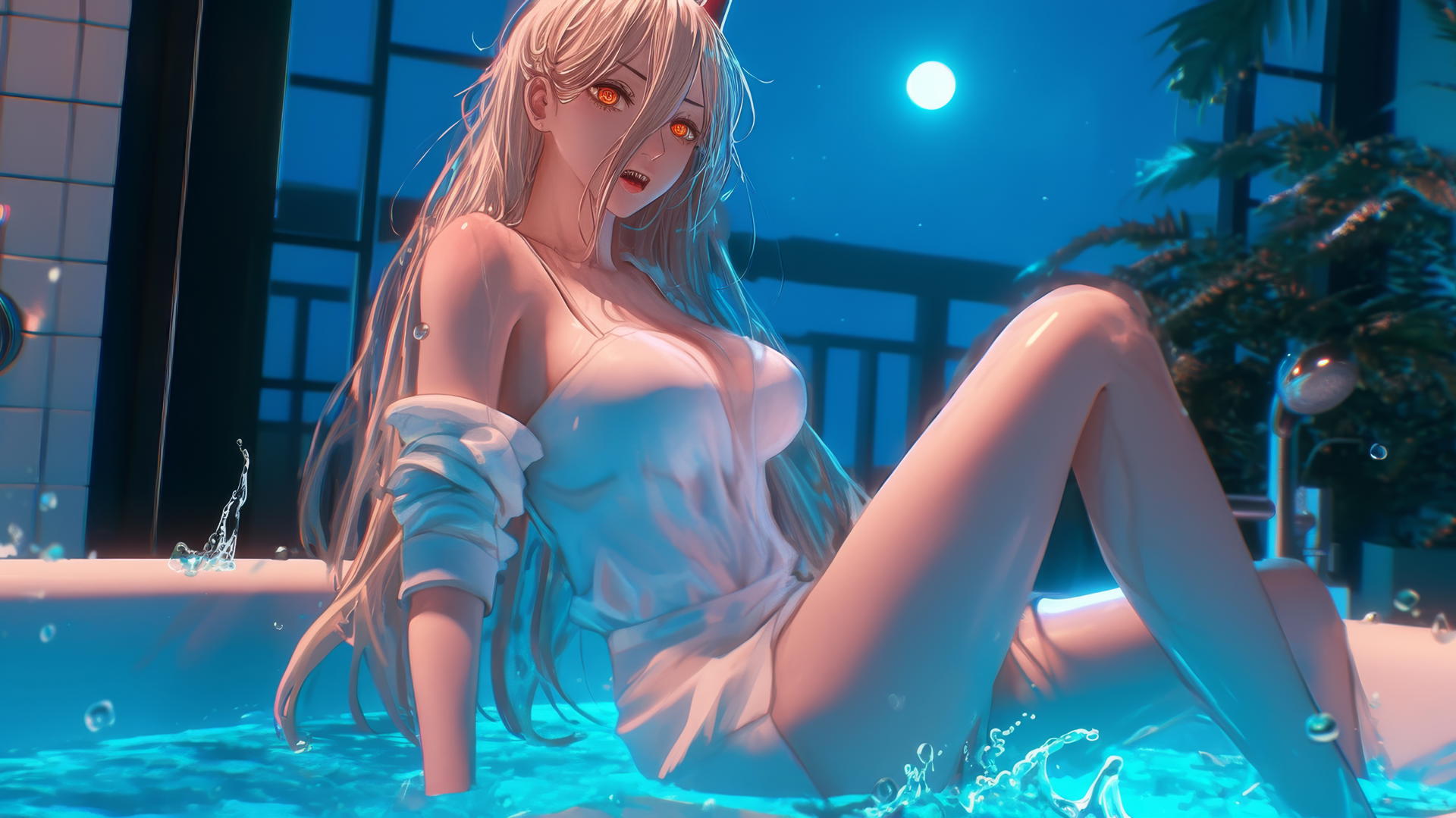 Power from Chainsaw Man jumping out of a bathtub, blonde hair, light red horns, yellow eyes, illuminated by moonlight.
