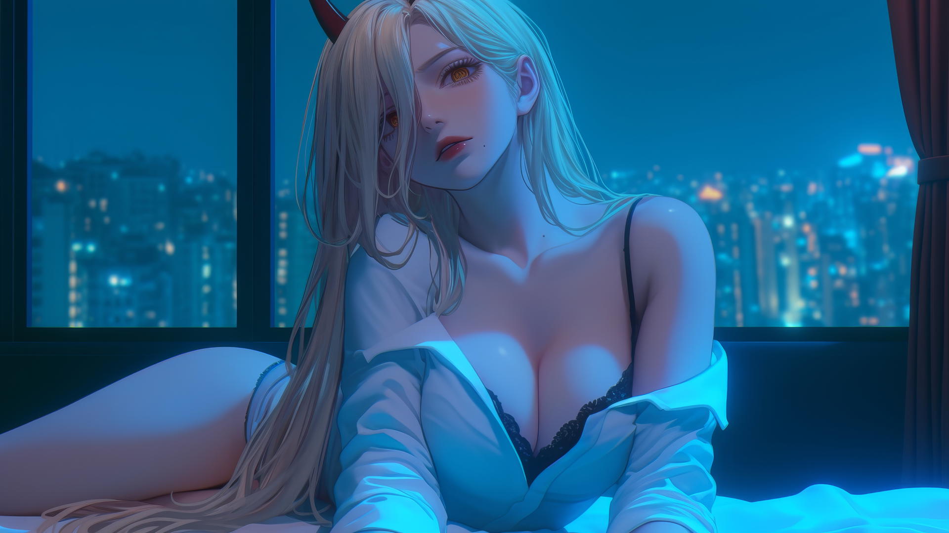 Chainsaw Man character Power resting in a modern hotel room, lit by moonlight.