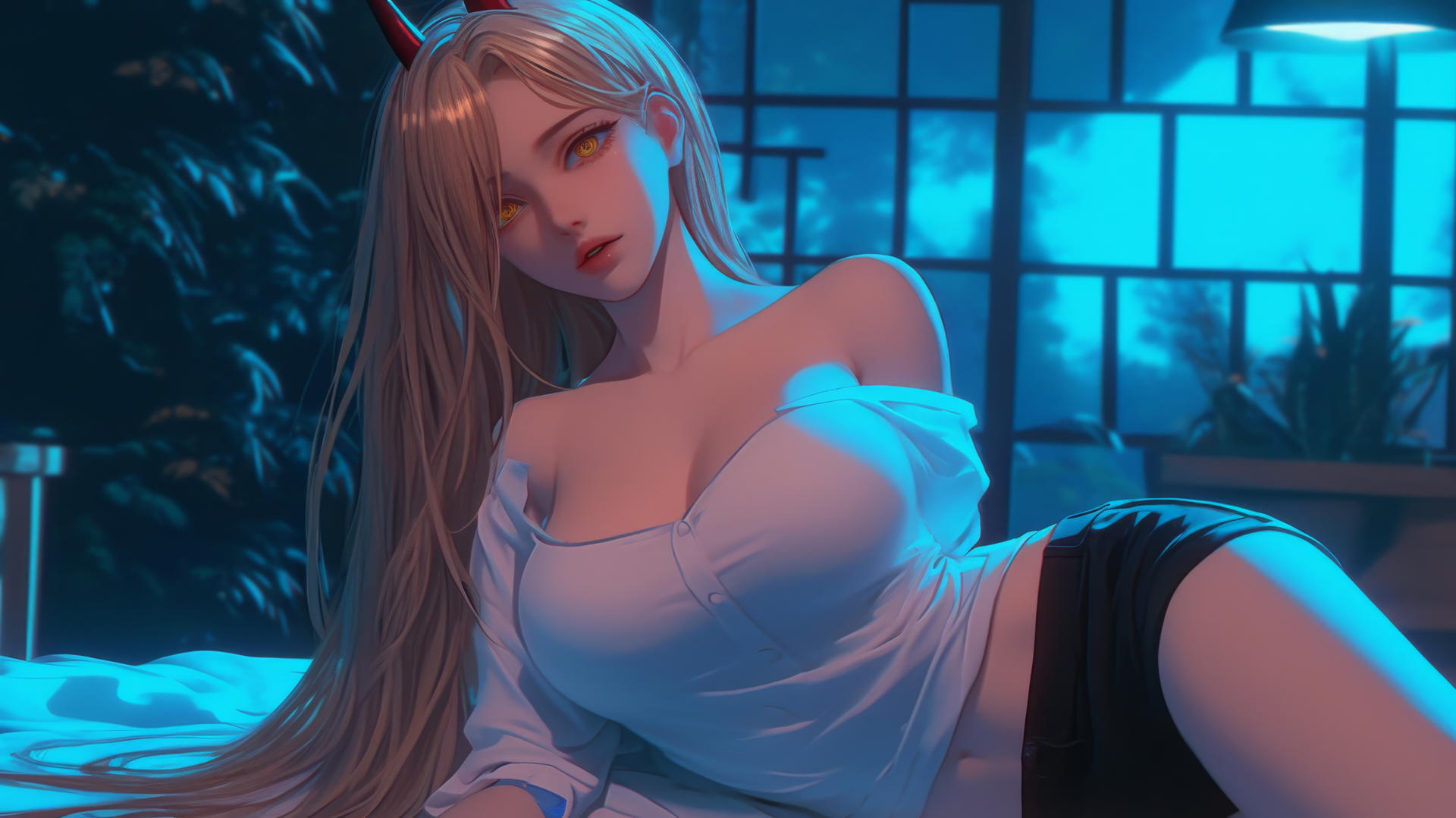 Power from Chainsaw Man resting in a modern hotel room, with light red horns and blonde hair, illuminated by moonlight.