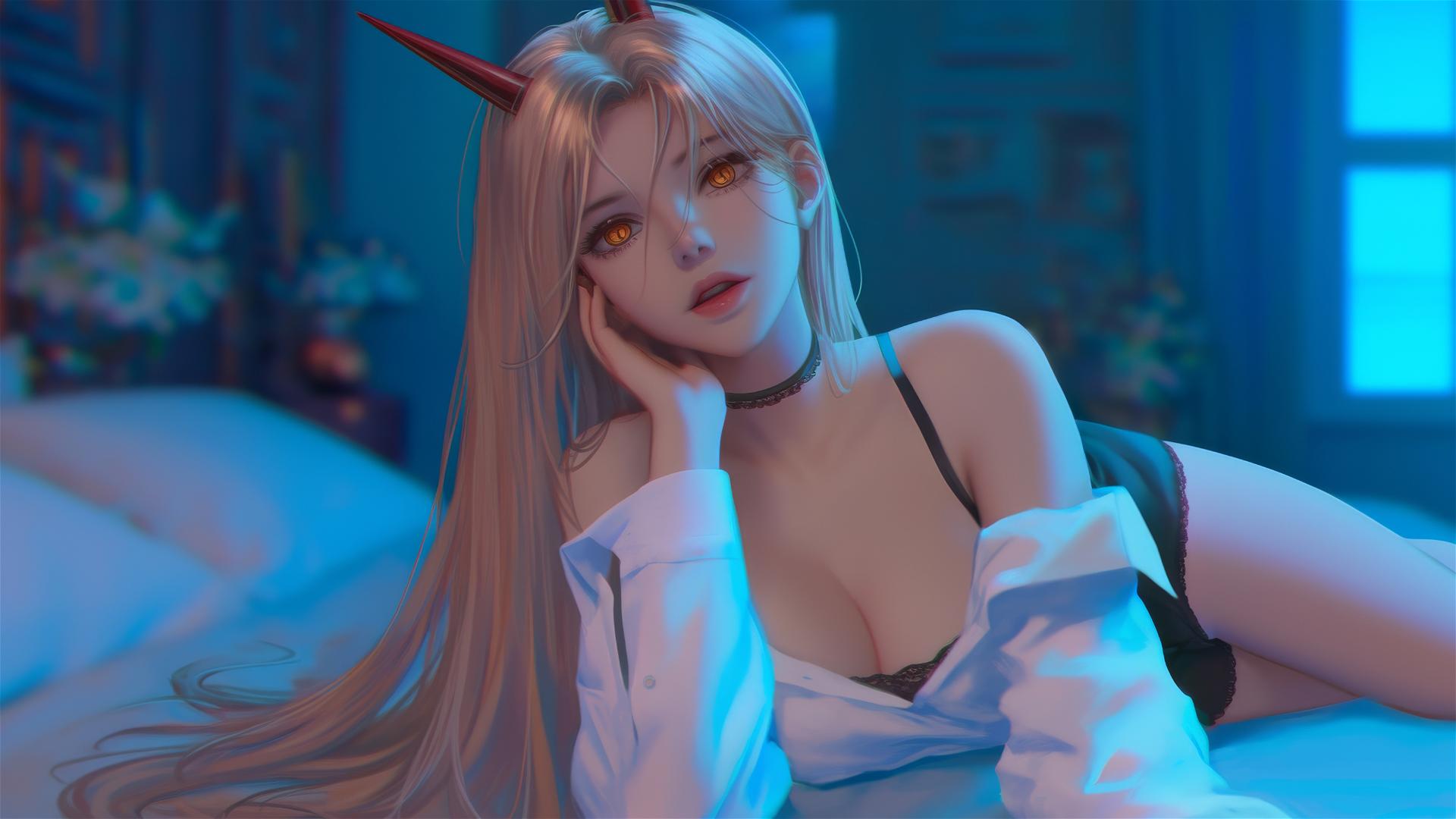 Power from Chainsaw Man, blonde hair, red horns, yellow eyes, in a hotel room.
