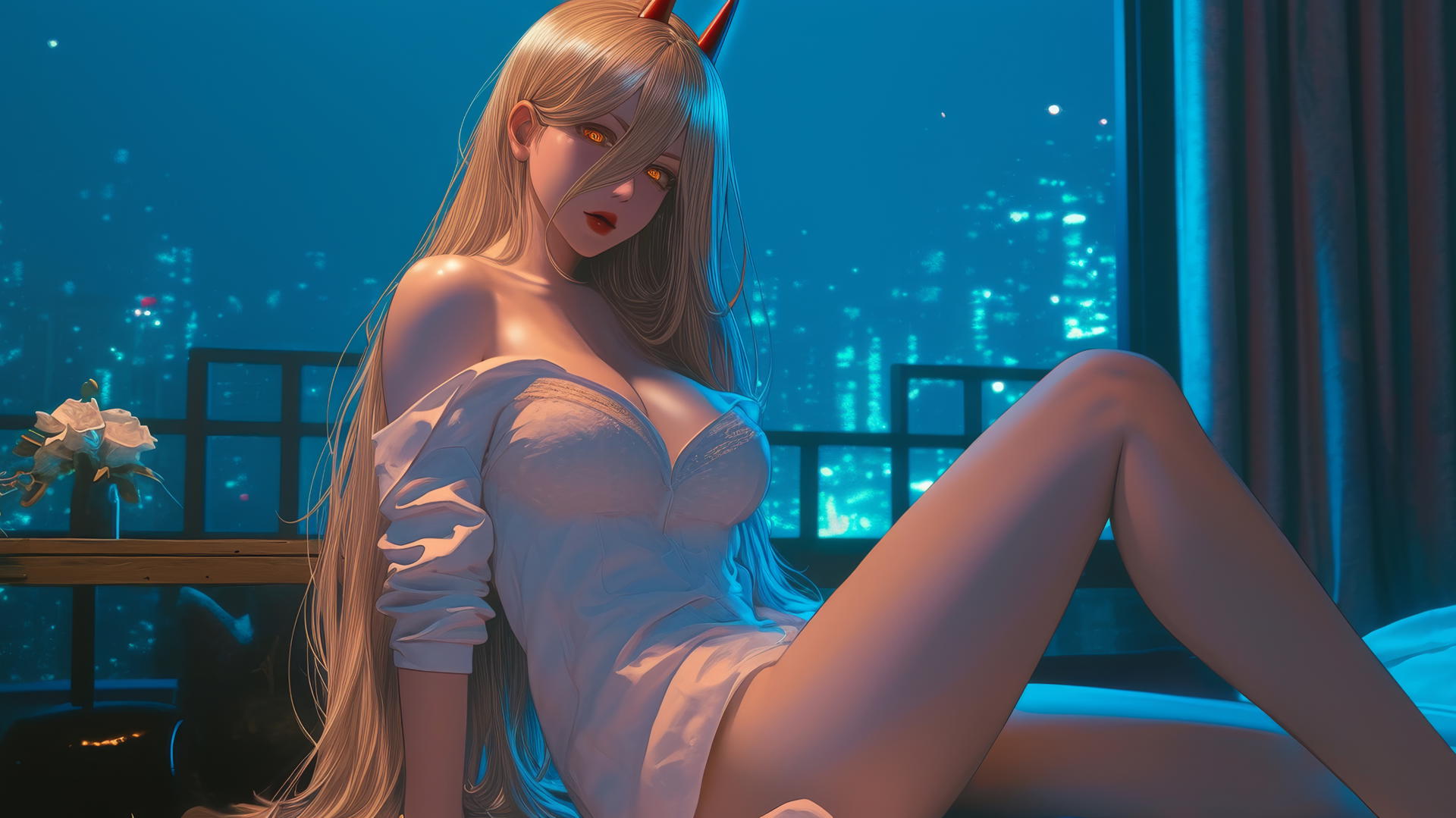 Power from Chainsaw Man resting in a modern hotel room with moonlight