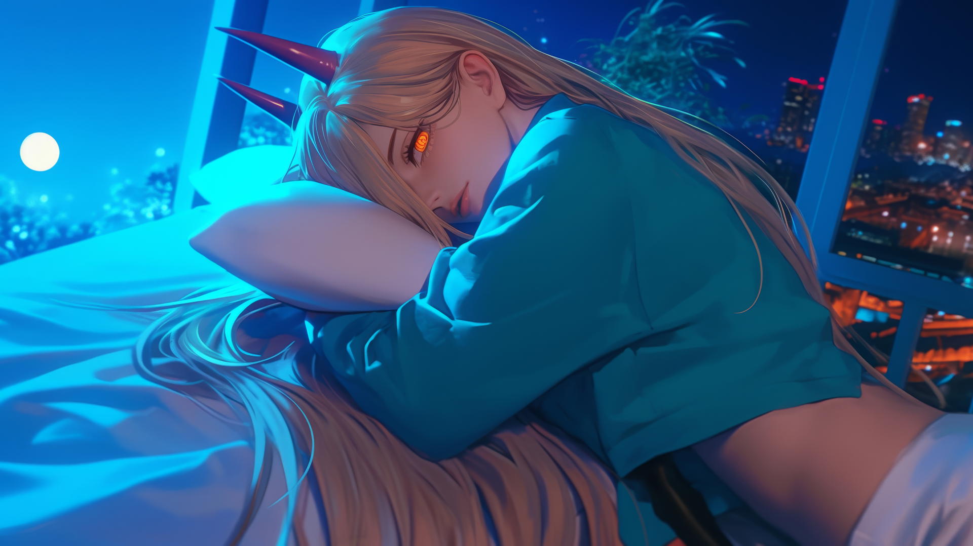 Power from Chainsaw Man resting in a modern hotel room, beautiful with blonde hair, red horns, yellow eyes, and moonlit glow.