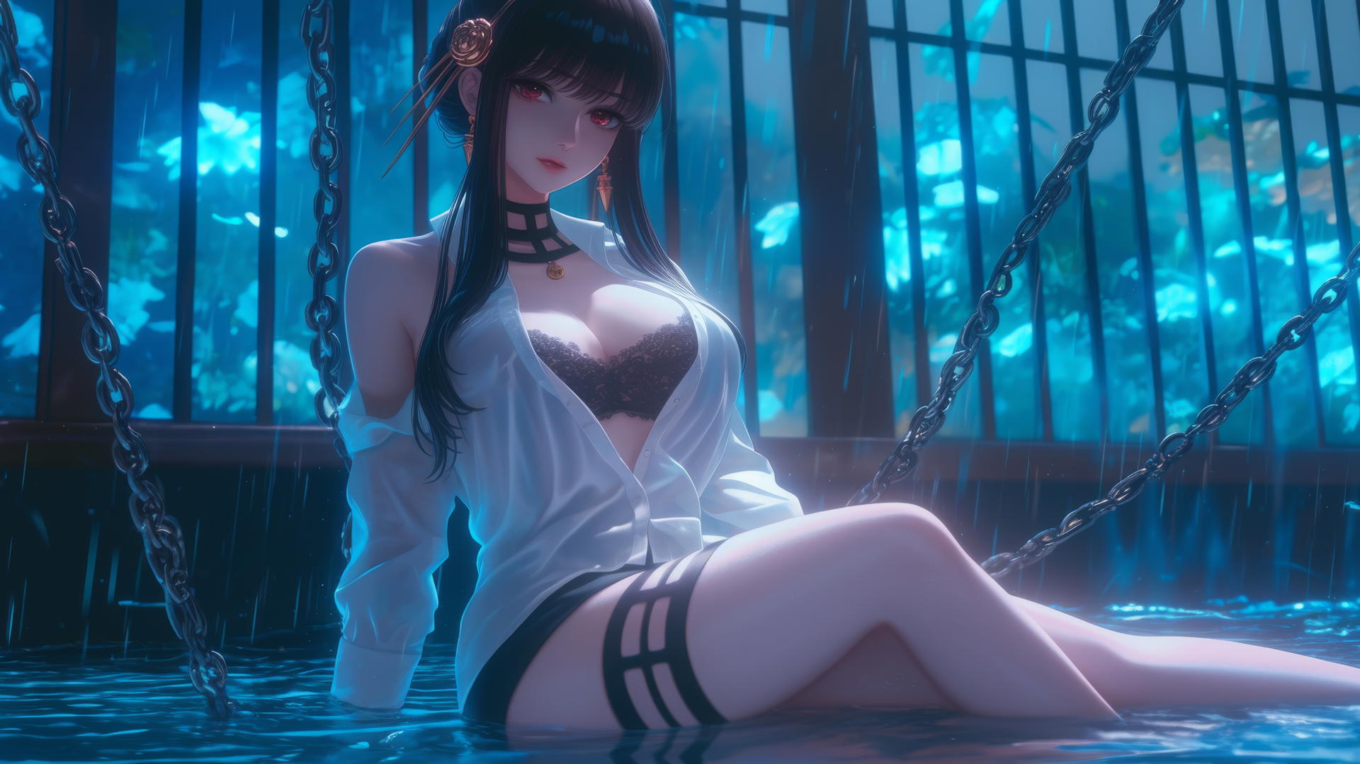 Yor Forger from Spy x Family, in white office shirt, chained in tub with neon light.