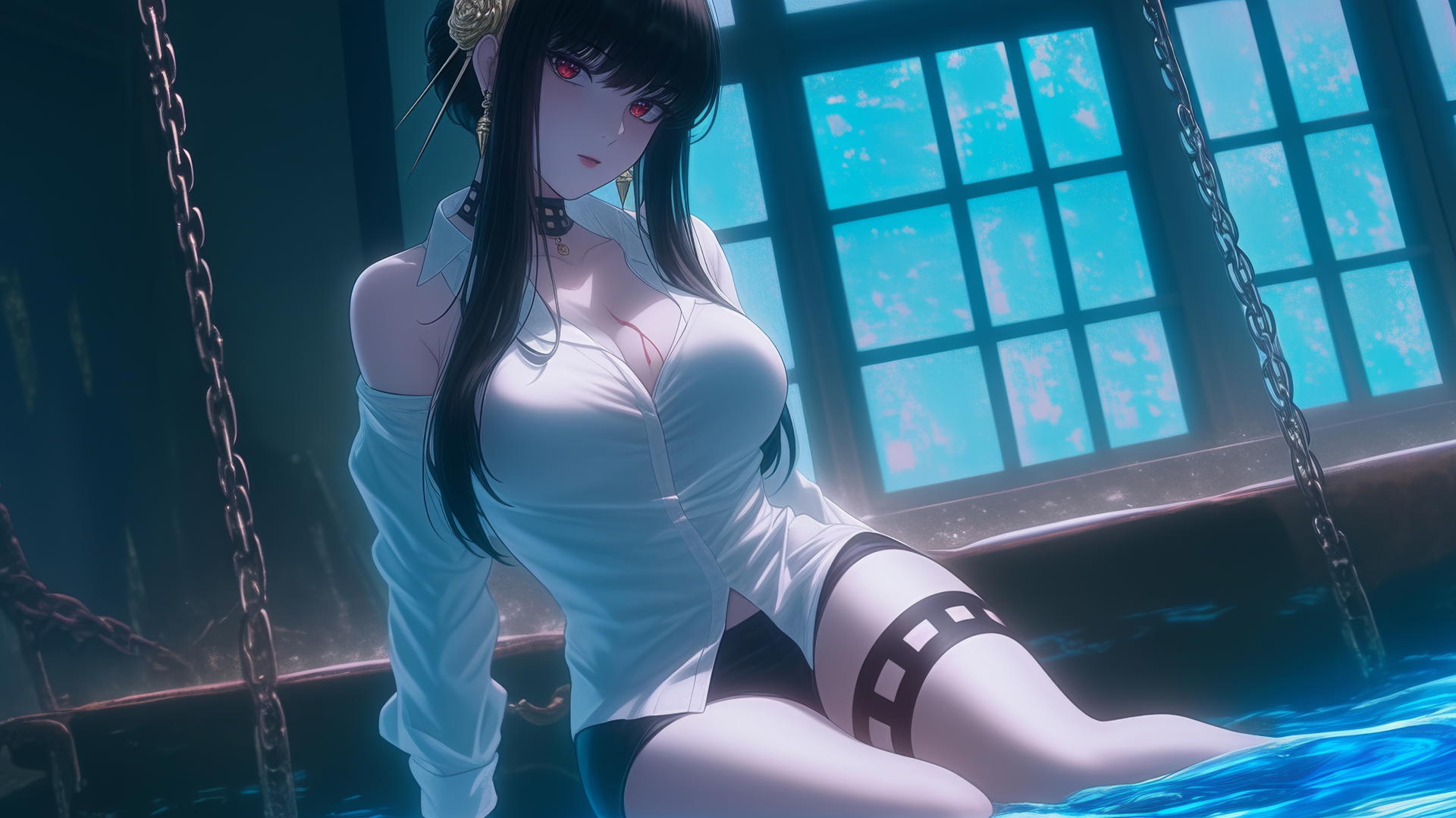 Yor Forger from Spy x Family chained in a tub with neon lighting